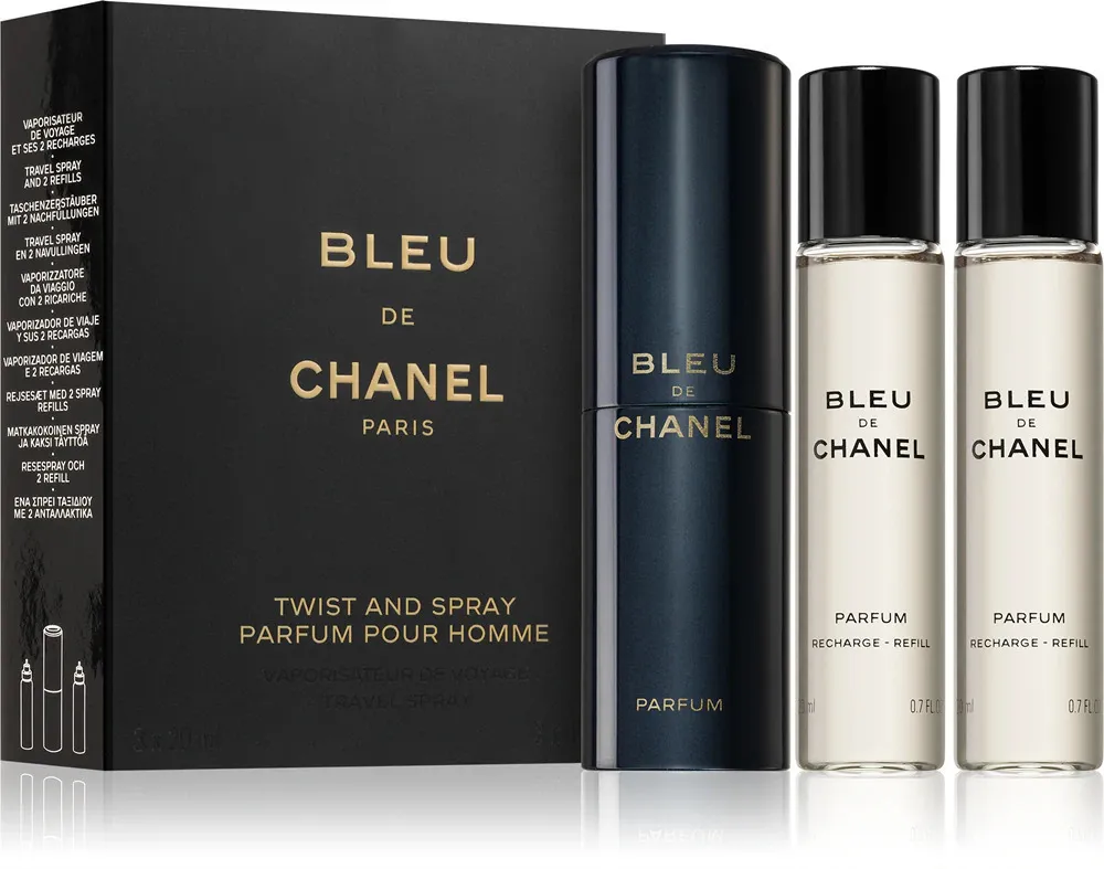 Bleu de Chanel kieszonkowy spray do ponownego napełniania 20 ml + 2 x uzupełnienie perfum dla mężczyzn