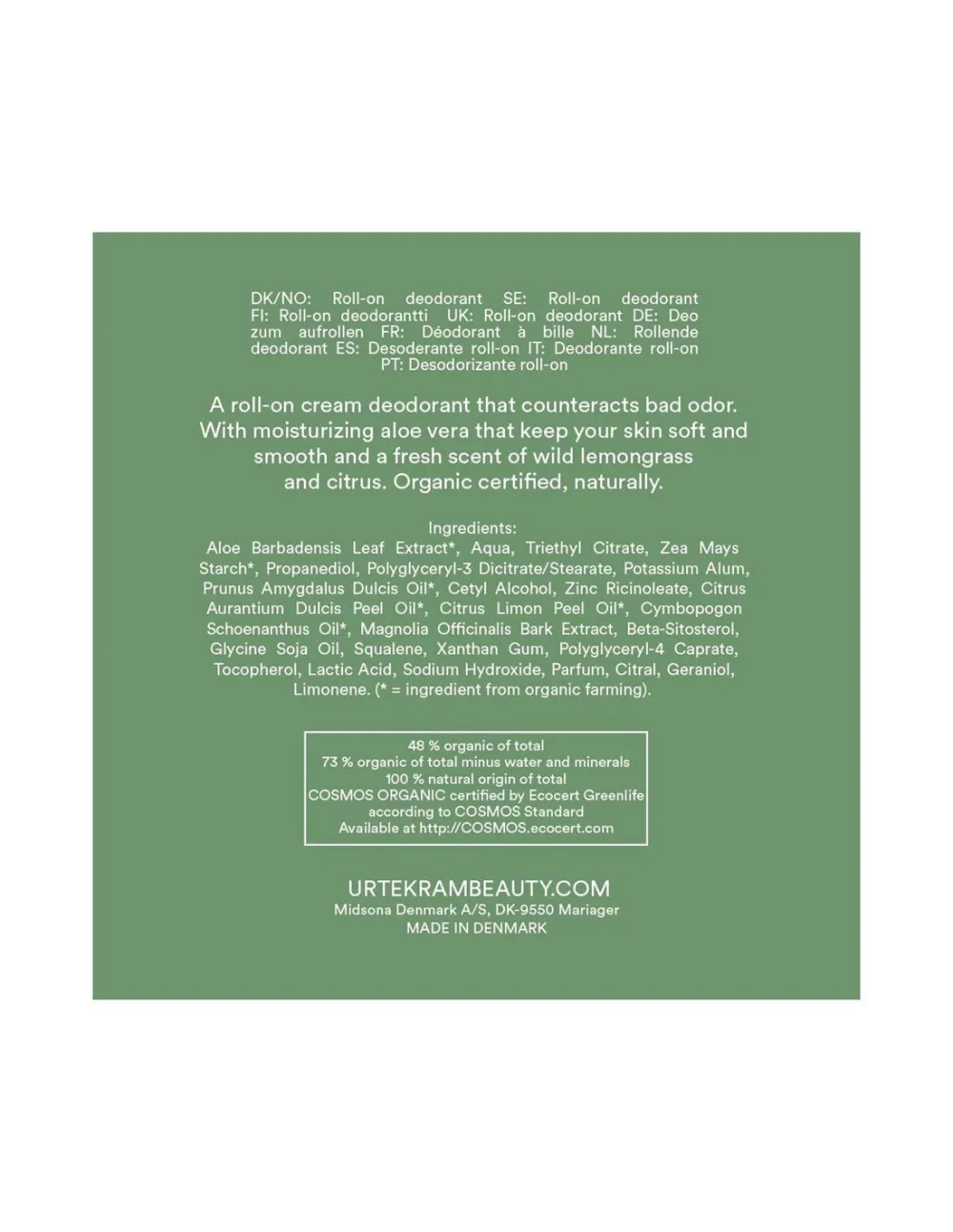 Urtekram Dezodorant roll on cream trawa cytrynowa 50 ml BIO