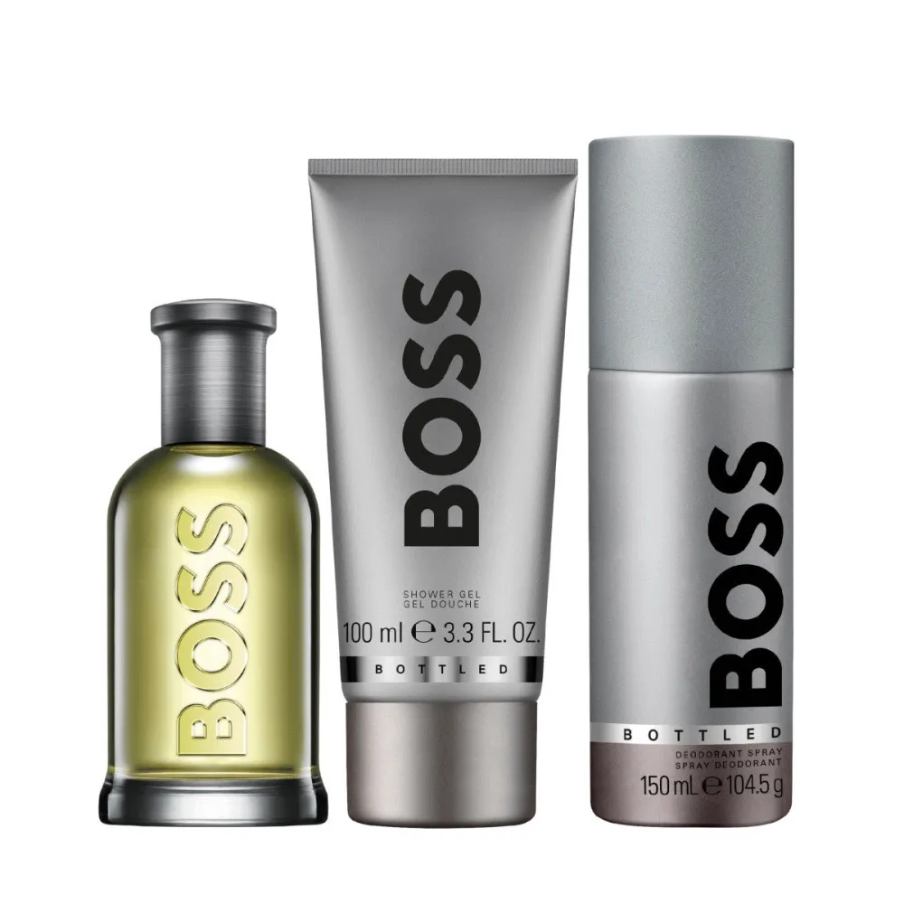 Boss Bottled zestaw upominkowy dla mężczyzn woda toaletowa 100 ml + żel pod prysznic 100 ml + dezodorant w sprayu 150 ml 100 ml + sprchový gel 100 ml + deosprej 150 ml