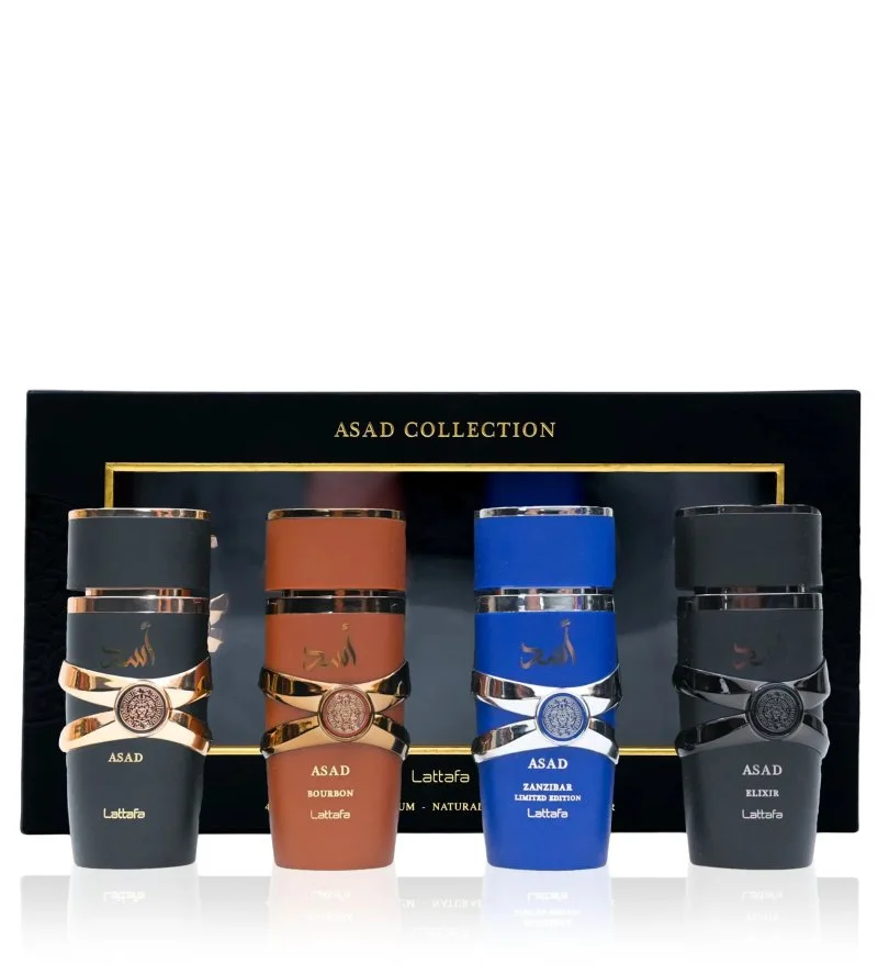 Asad Collection zestaw upominkowy Asad 25 ml + woda perfumowana Asad Bourbon 25 ml + woda perfumowana Asad Zanzibar 25 ml + woda perfumowana Asad Elixir dla mężczyzn