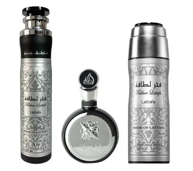 Fakhar Man zestaw upominkowy - woda perfumowana 100 ml + perfumowany spray 200 ml + odświeżacz powietrza 300 ml