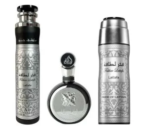 Lattafa Fakhar Man zestaw upominkowy - woda perfumowana 100 ml + perfumowany spray 200 ml + odświeżacz powietrza