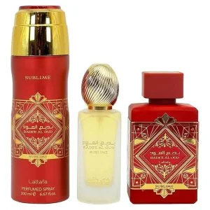 Lattafa Badee Al Oud Sublime zestaw prezentowy - 100 ml + perfumowany spray 200 ml + mgiełka do włosów woda perfumowana