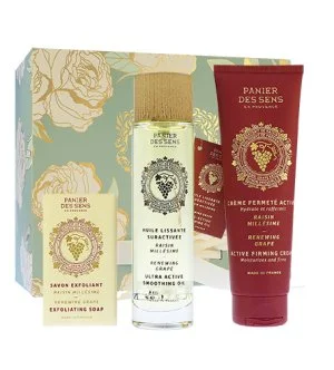 Panier Des Sens Renewing Grape zestaw upominkowy mydło złuszczające 150 g + suchy olejek do ciała 100 ml + ujędrniający krem do ciała