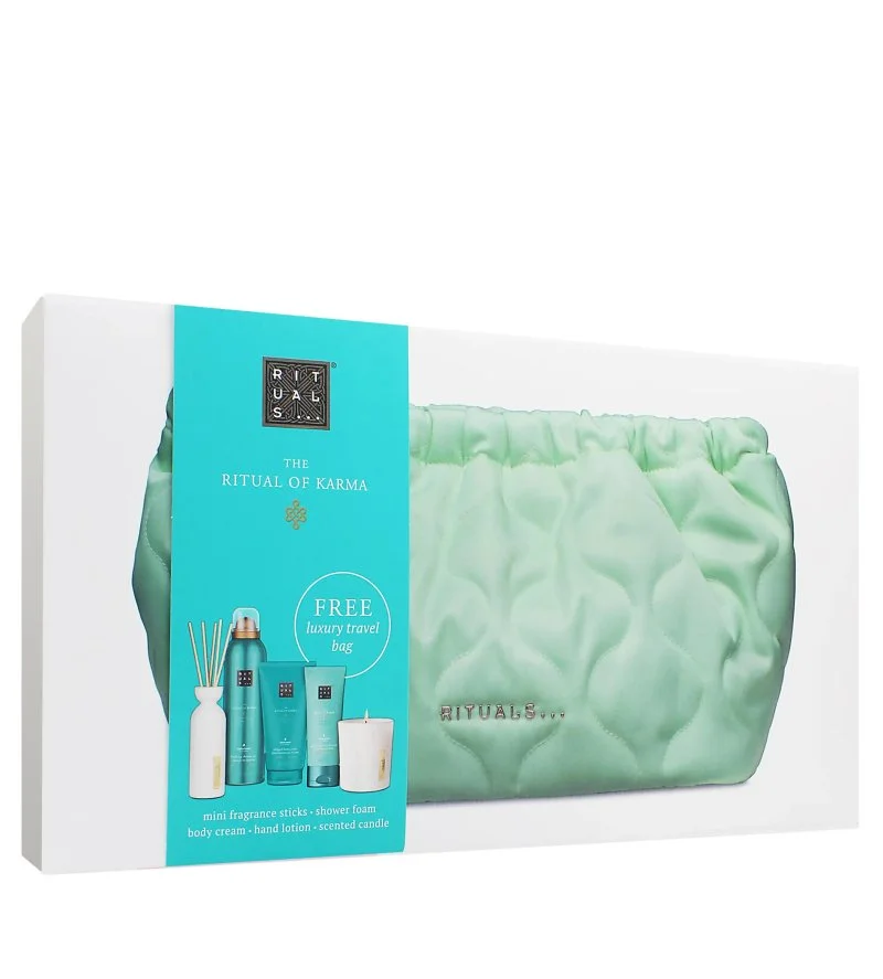 The Ritual of Karma zestaw prezentowy żel pod prysznic 200 ml + krem do ciała 150 ml + świeca zapachowa 140 g + patyczki zapachowe 70 ml + krem do rąk
