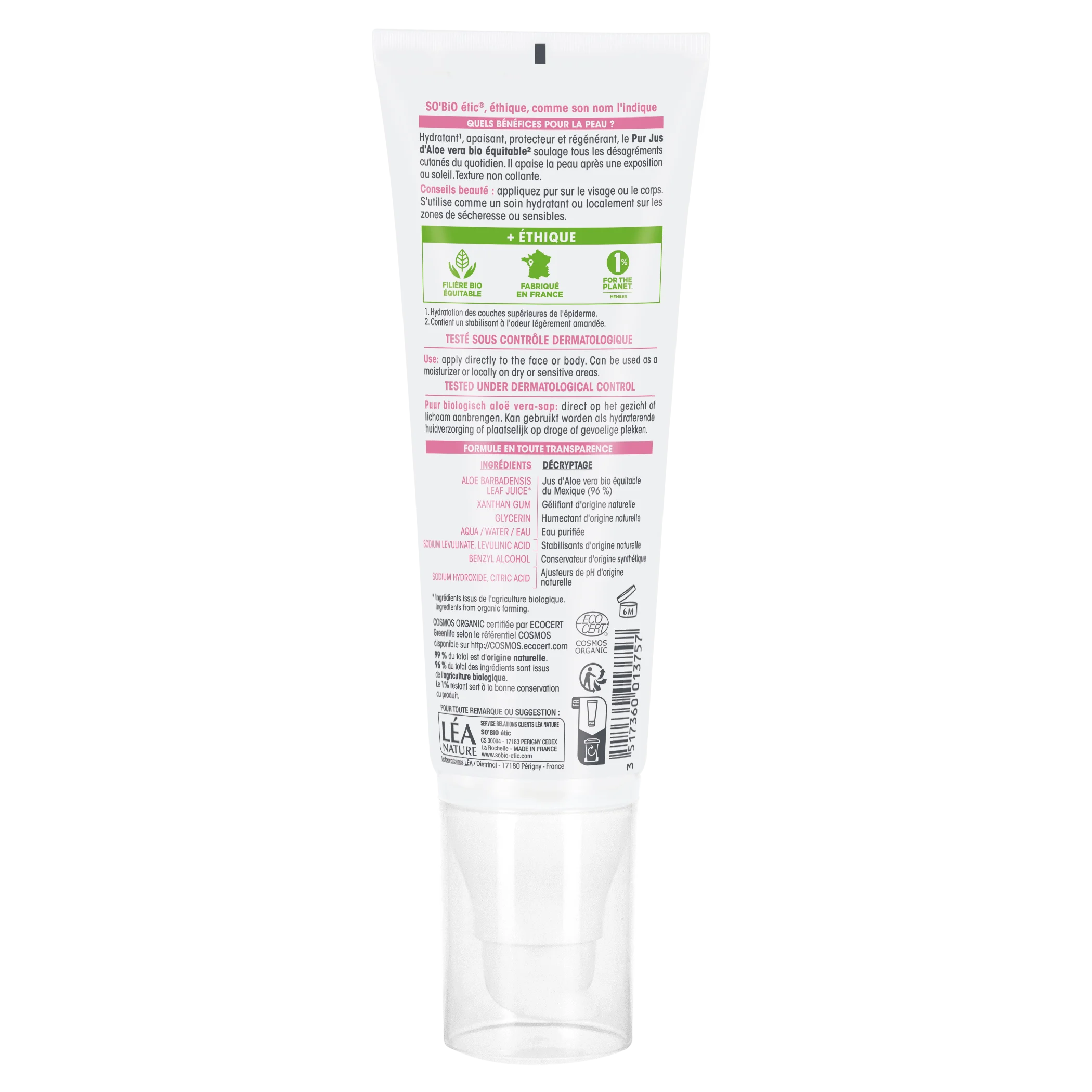 SO’BiO étic Żel Aloe vera - hipoalergiczny BIO (125 ml) - intensywne nawilżenie i ukojenie skóry