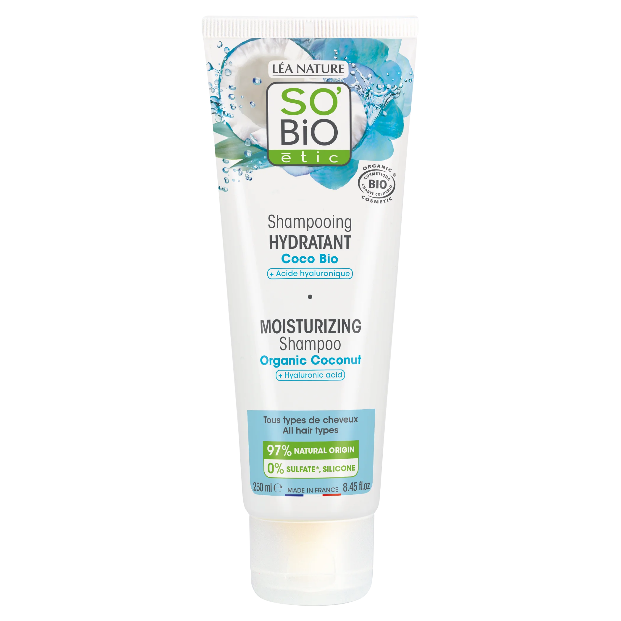 SO’BiO étic Szampon nawilżający BIO z kokosem i kwasem hialuronowym (250 ml) – do wszystkich typów włosów