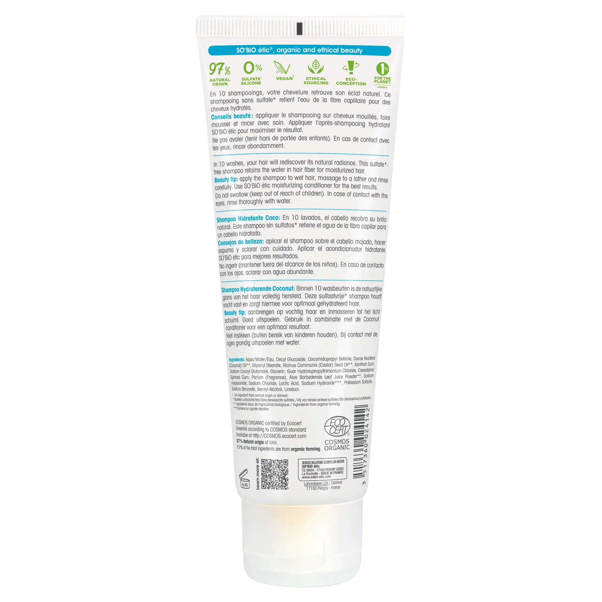 SO’BiO étic Szampon nawilżający BIO z kokosem i kwasem hialuronowym (250 ml) – do wszystkich typów włosów