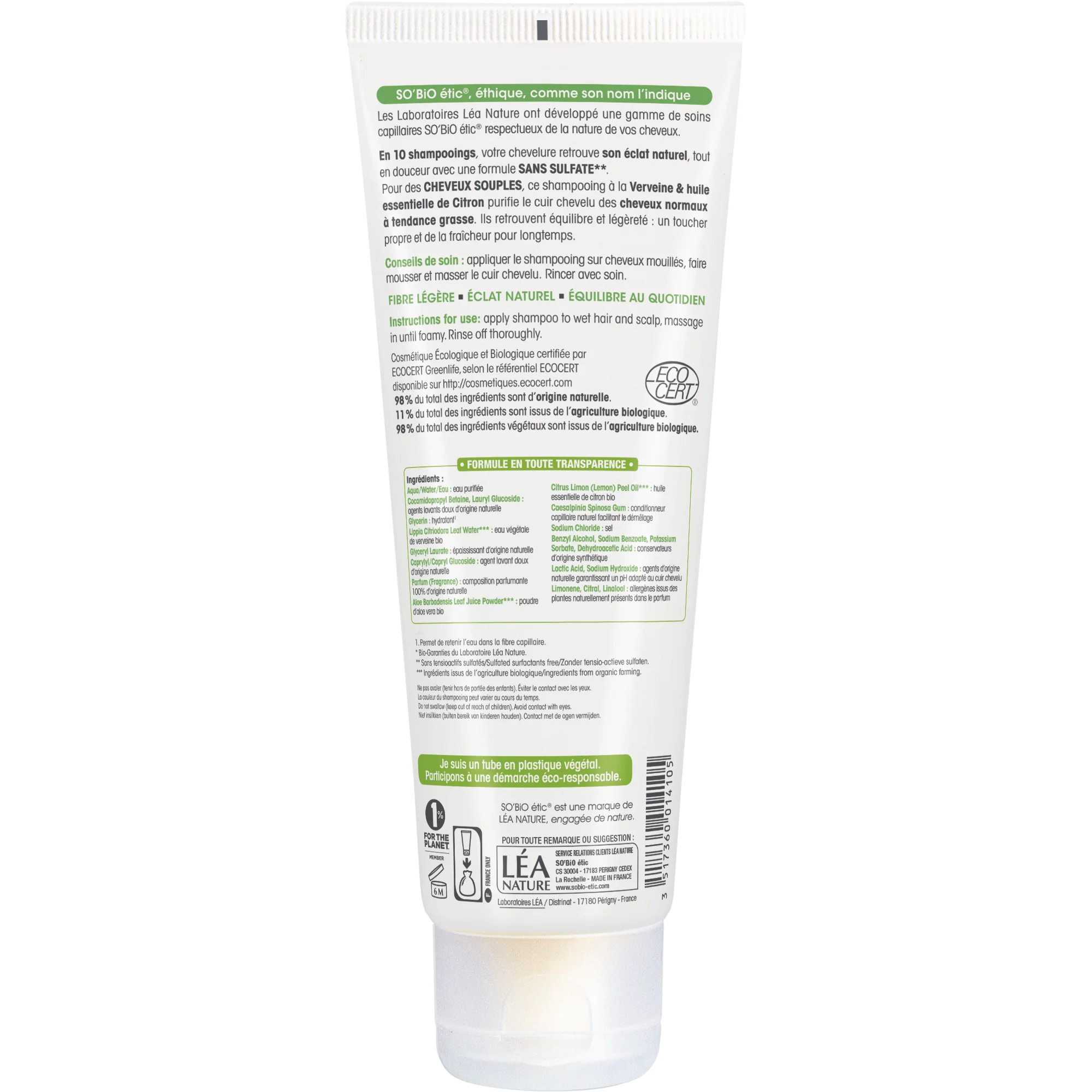 SO’BiO étic Szampon delikatny werbena-cytryna BIO (250 ml) - idealny do włosów przetłuszczających się