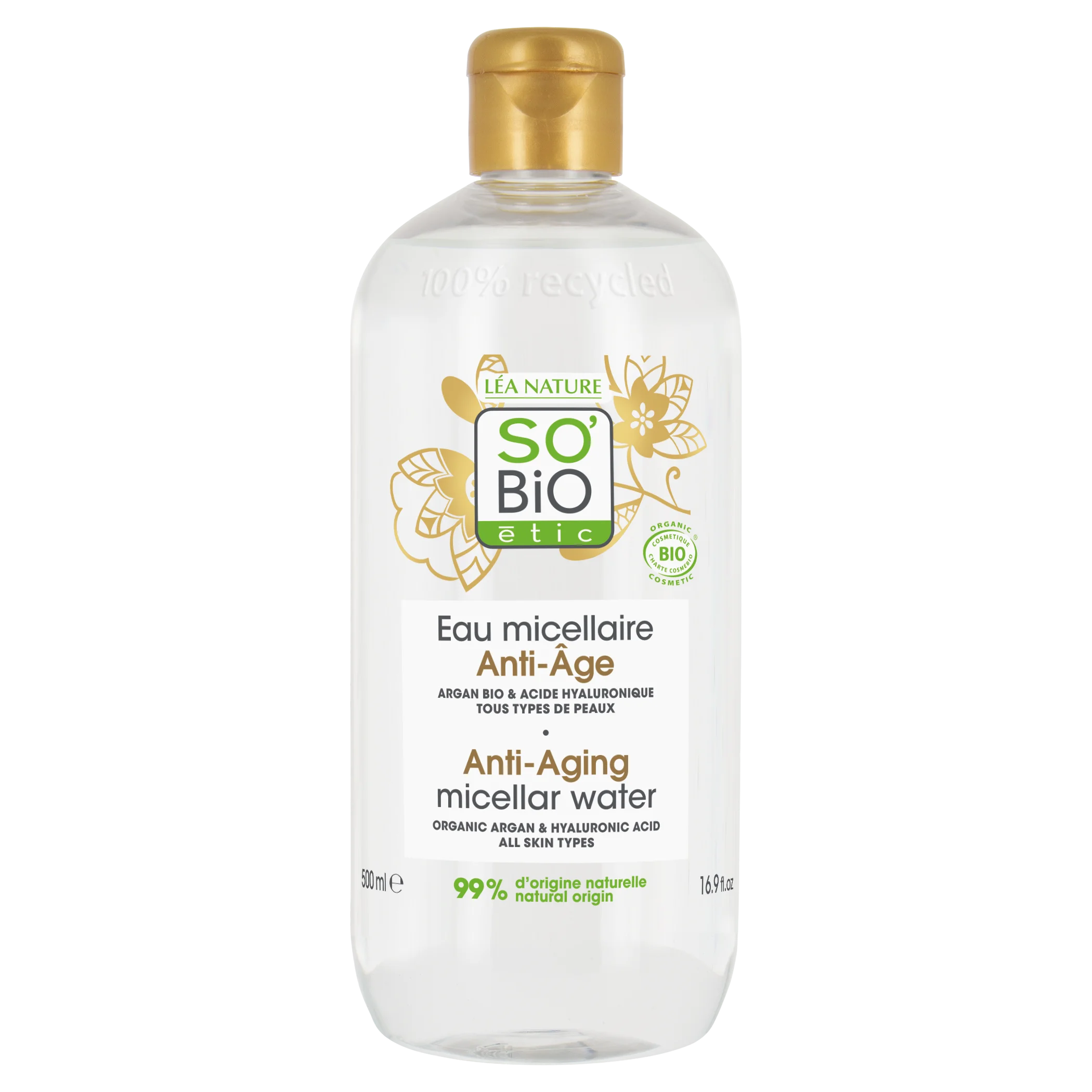 SO’BiO étic Anti-Age Precieux Argan Woda micelarna Anti-Age z kwasem hialuronowym BIO (500 ml) - z kwasem hialuronowym