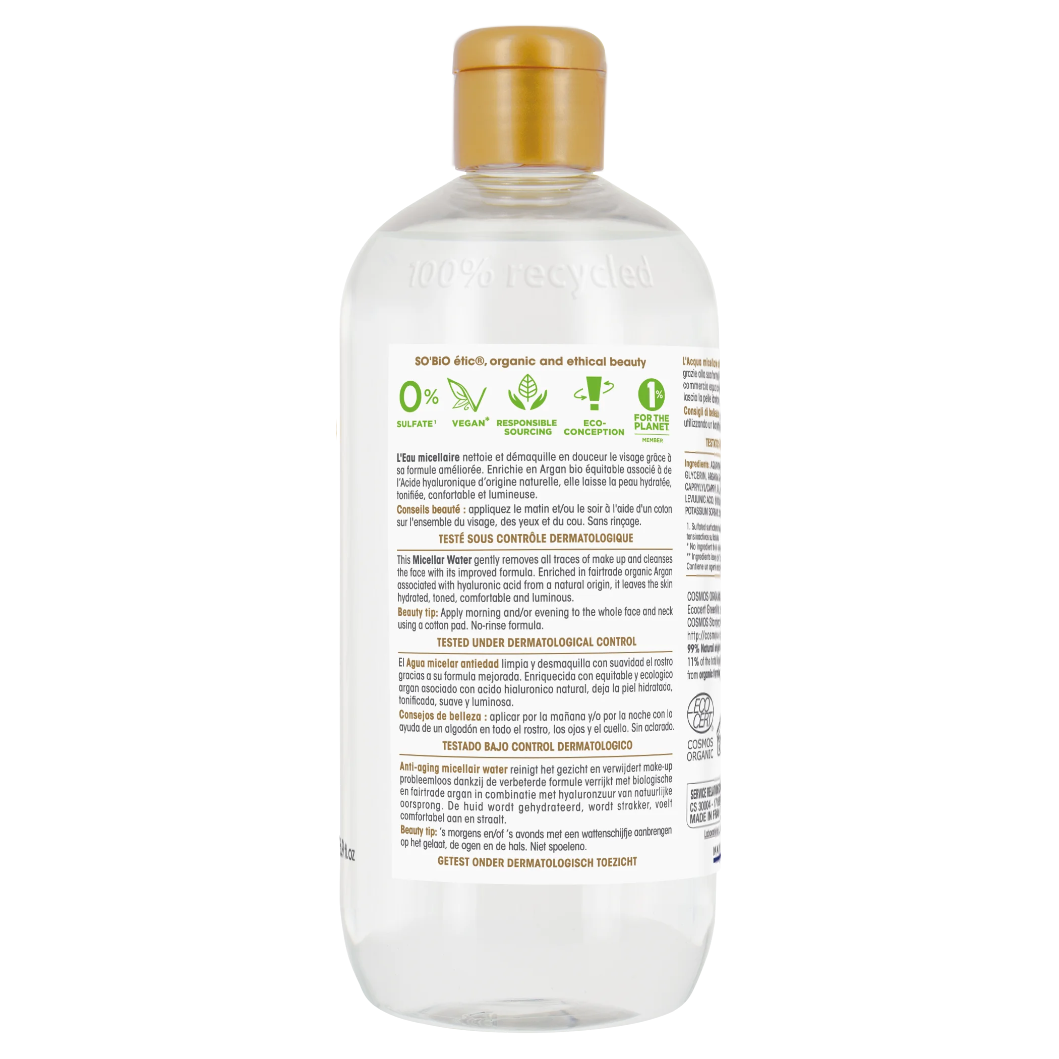 SO’BiO étic Anti-Age Precieux Argan Woda micelarna Anti-Age z kwasem hialuronowym BIO (500 ml) - z kwasem hialuronowym