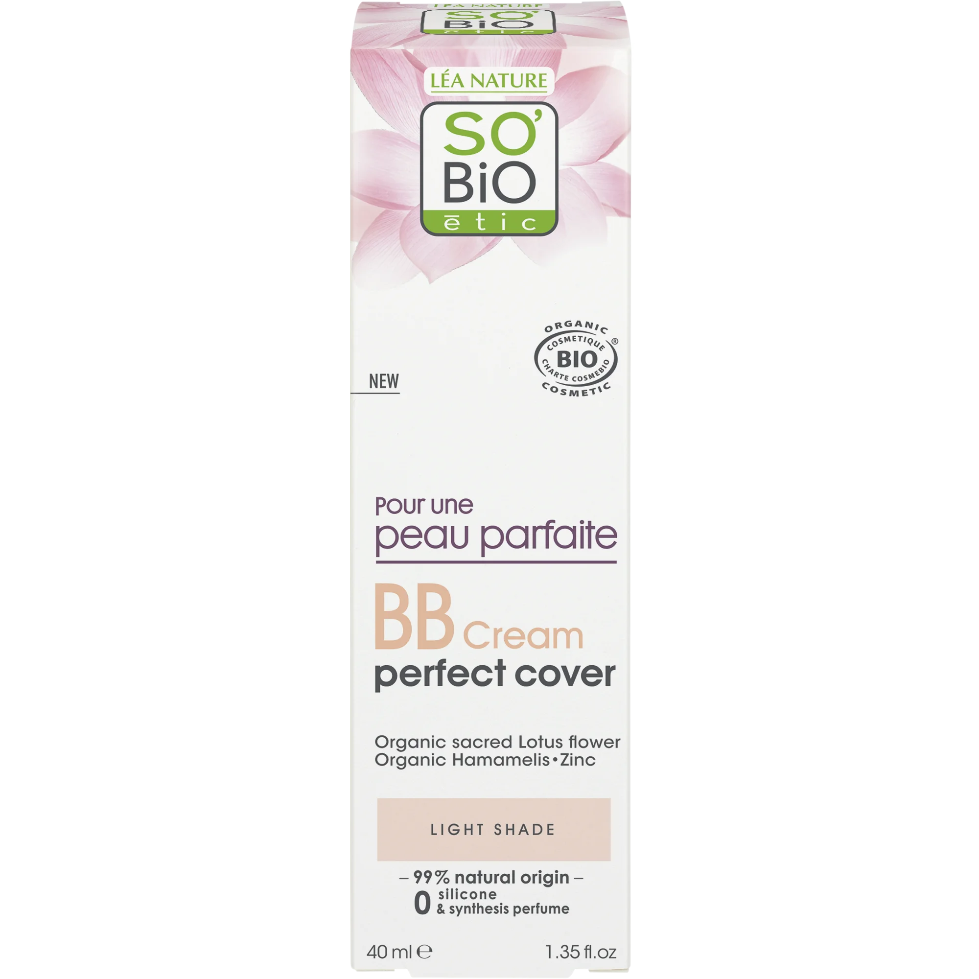 SO’BiO étic Krem BB dla doskonałej cery - odcień Light BIO (40 ml) - z ekstraktem z kwiatu lotosu