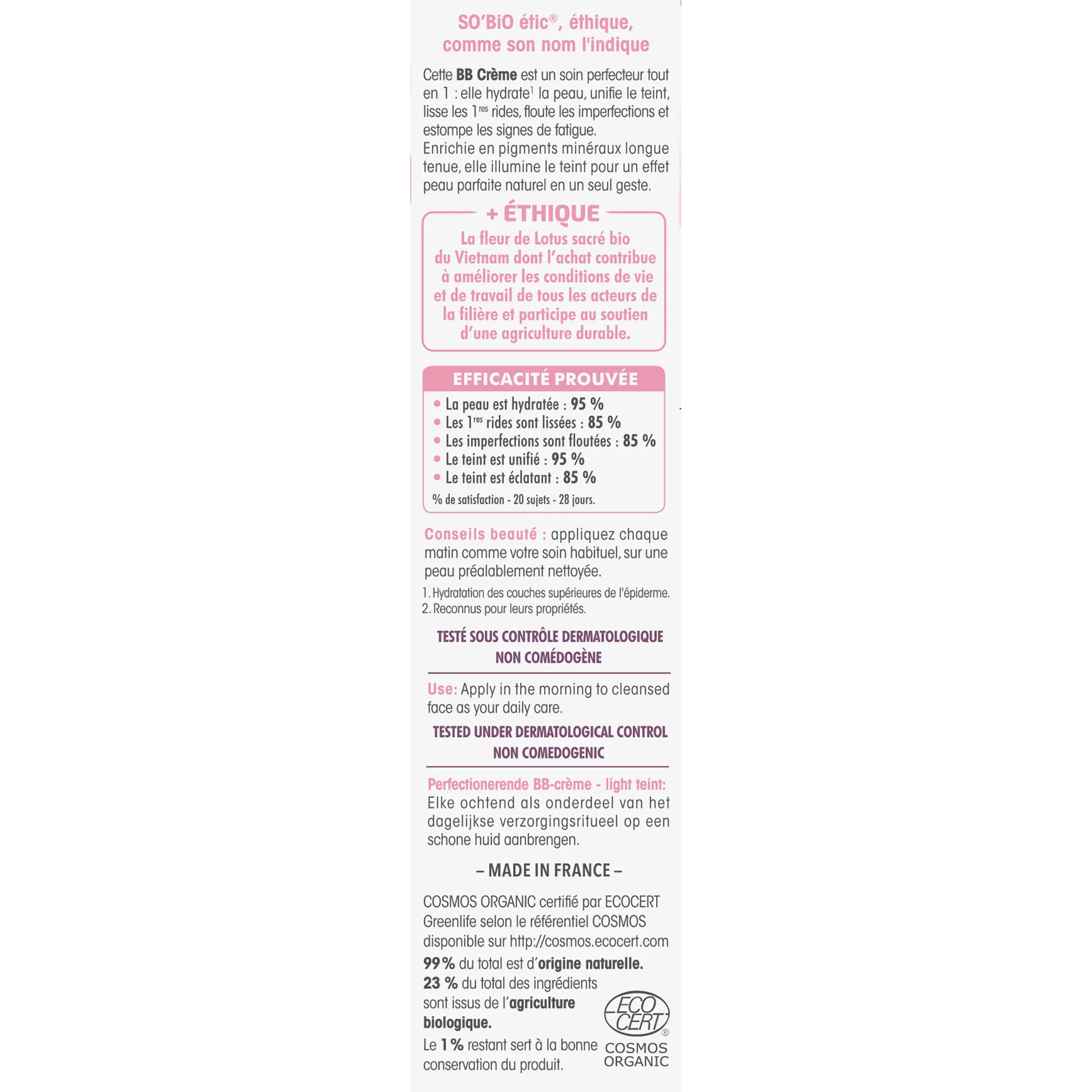 SO’BiO étic Krem BB dla doskonałej cery - odcień Light BIO (40 ml) - z ekstraktem z kwiatu lotosu