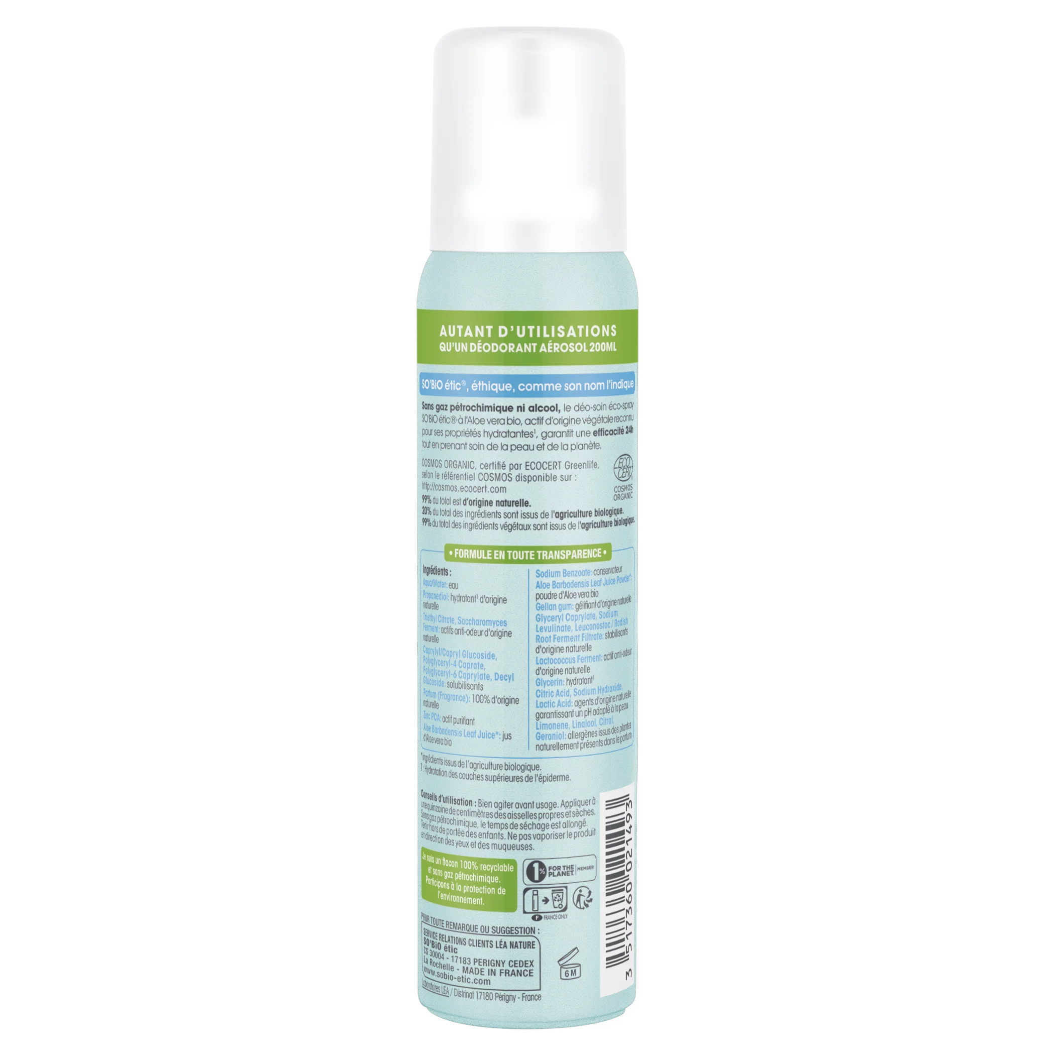 SO’BiO étic Dezodorant naturalny ECO SPRAY 24h - Aloe vera BIO (100 ml) - skuteczny aż do 24 godzin