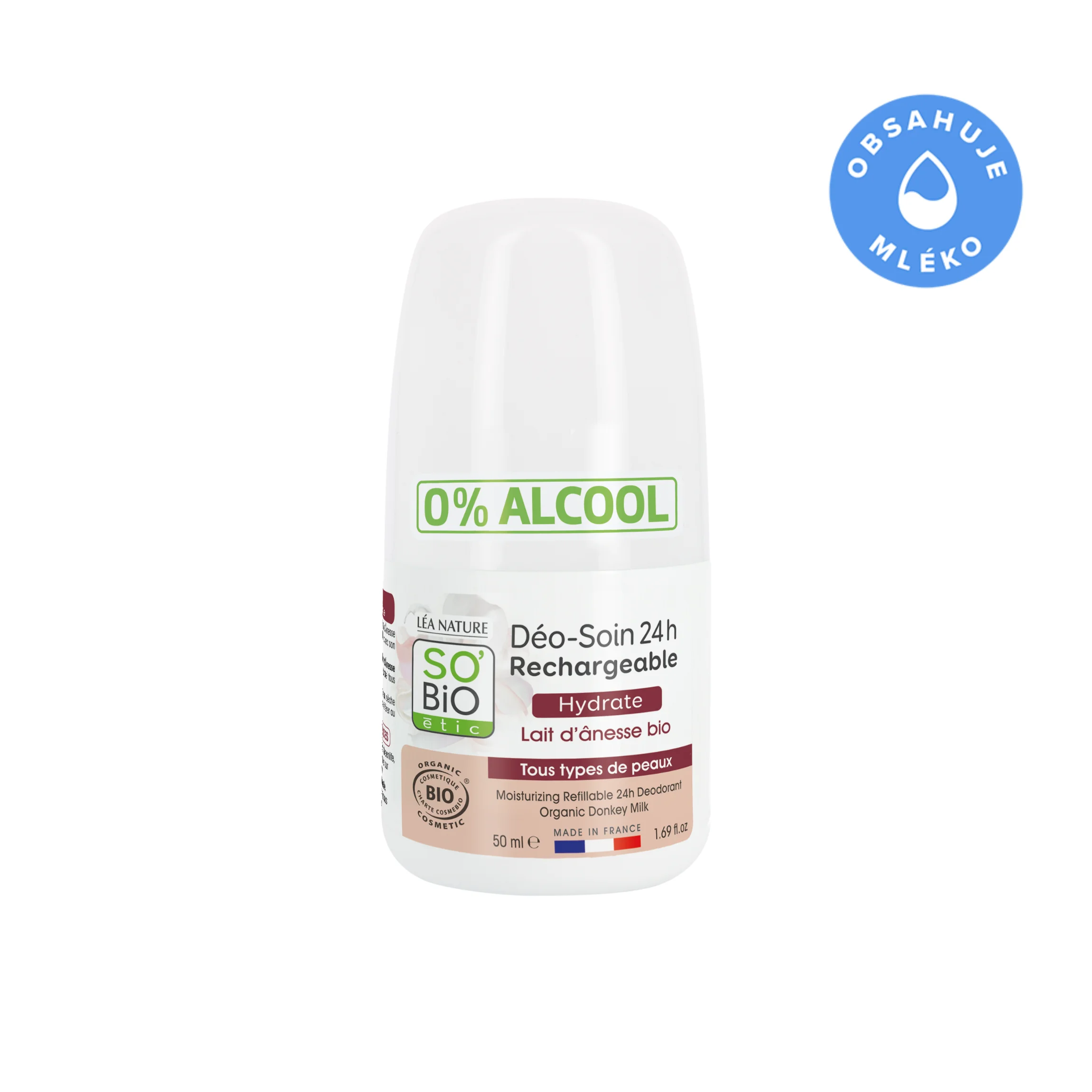 SO’BiO étic Dezodorant roll-on 24h nawilżający z oślim mlekiem - uzupełnialny, BIO (50 ml) - również dla skóry wrażliwej