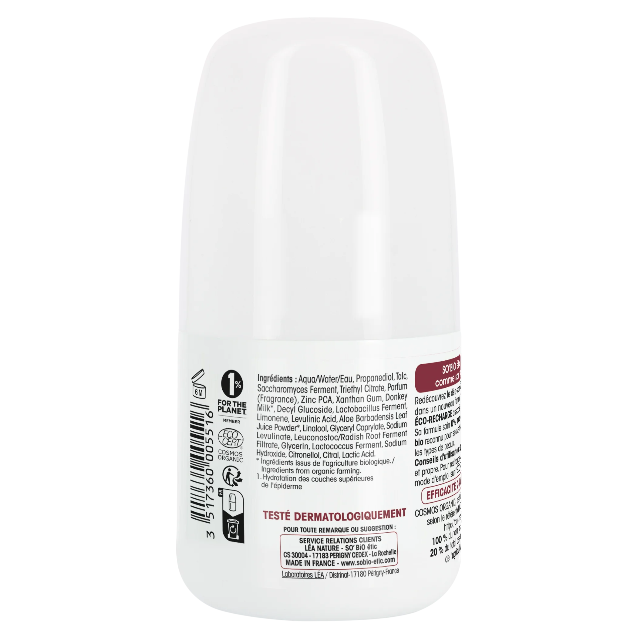SO’BiO étic Dezodorant roll-on 24h nawilżający z oślim mlekiem - uzupełnialny, BIO (50 ml) - również dla skóry wrażliwej