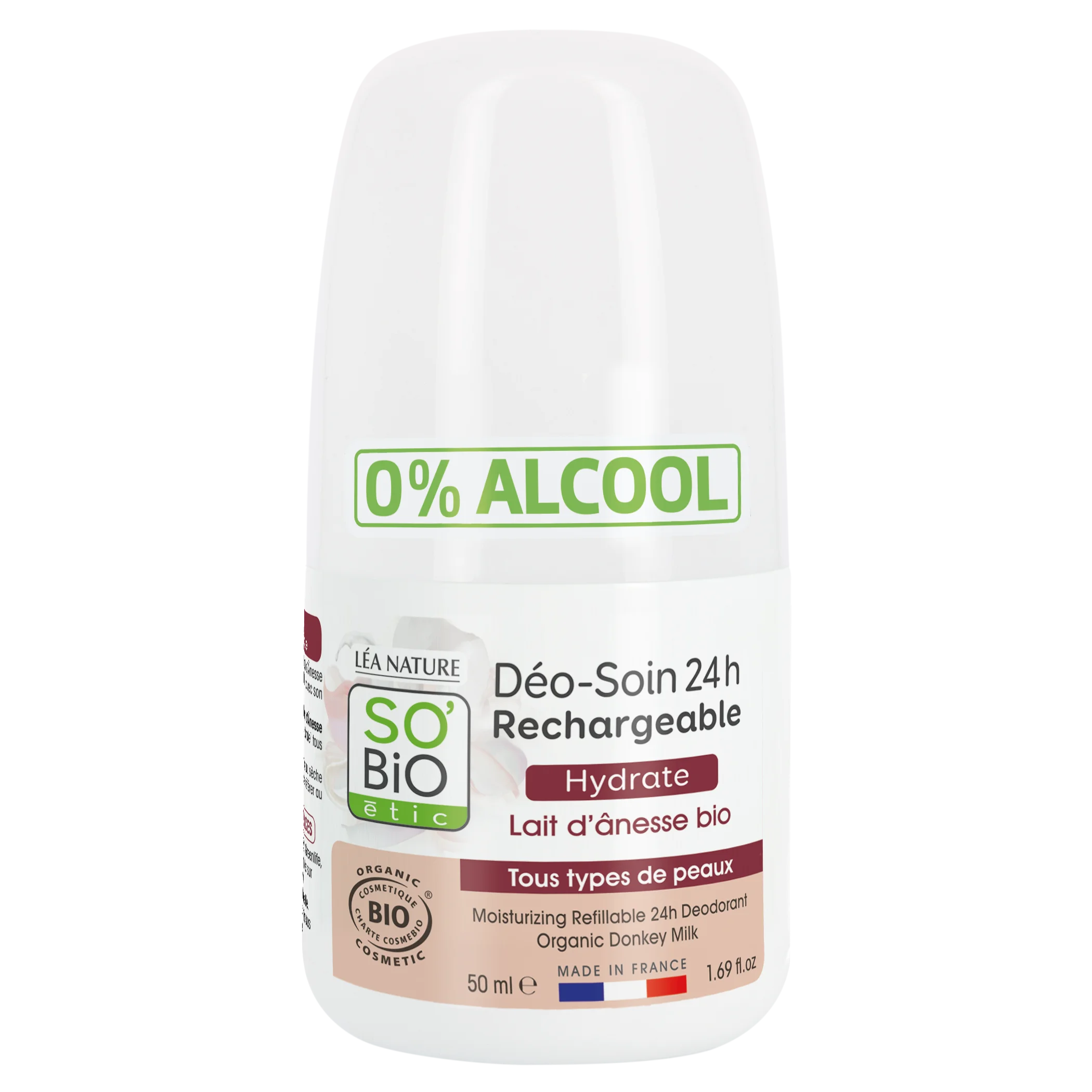 SO’BiO étic Dezodorant roll-on 24h nawilżający z oślim mlekiem - uzupełnialny, BIO (50 ml) - również dla skóry wrażliwej