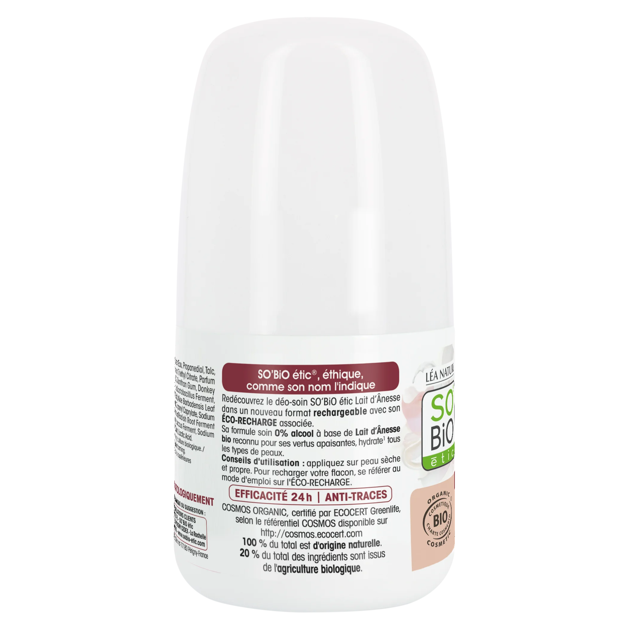 SO’BiO étic Dezodorant roll-on 24h nawilżający z oślim mlekiem - uzupełnialny, BIO (50 ml) - również dla skóry wrażliwej