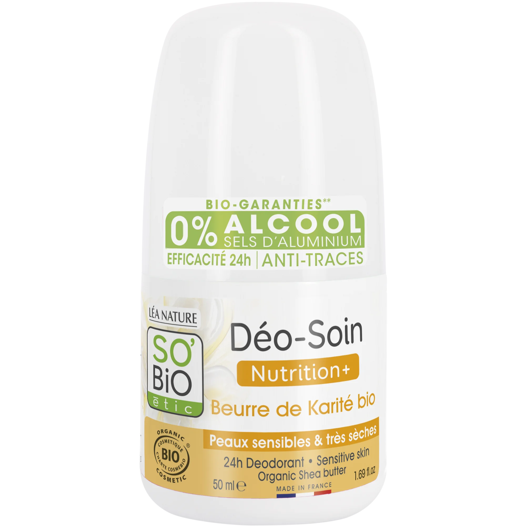 SO’BiO étic Dezodorant roll-on 24h Nutrition+ z masłem karité BIO (50 ml) - skuteczny aż do 24 godzin