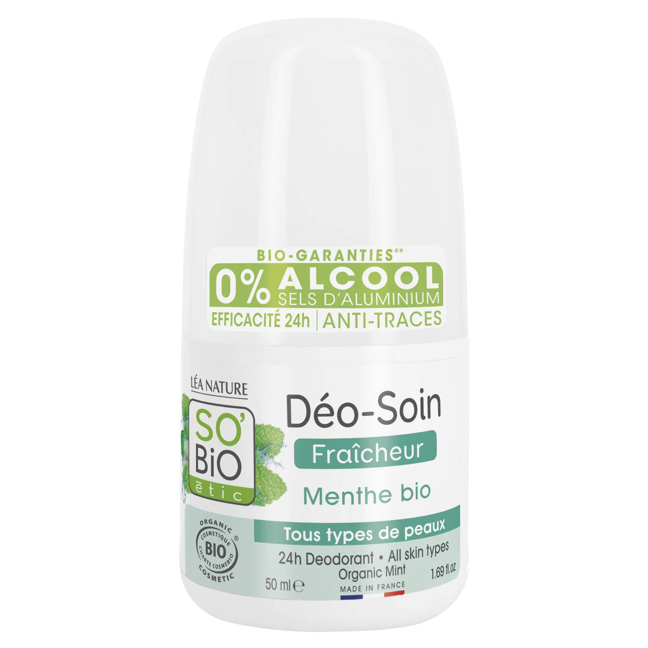 SO’BiO étic Dezodorant roll-on 24 h odświeżający z miętą BIO (50 ml) - skuteczny aż do 24 godzin