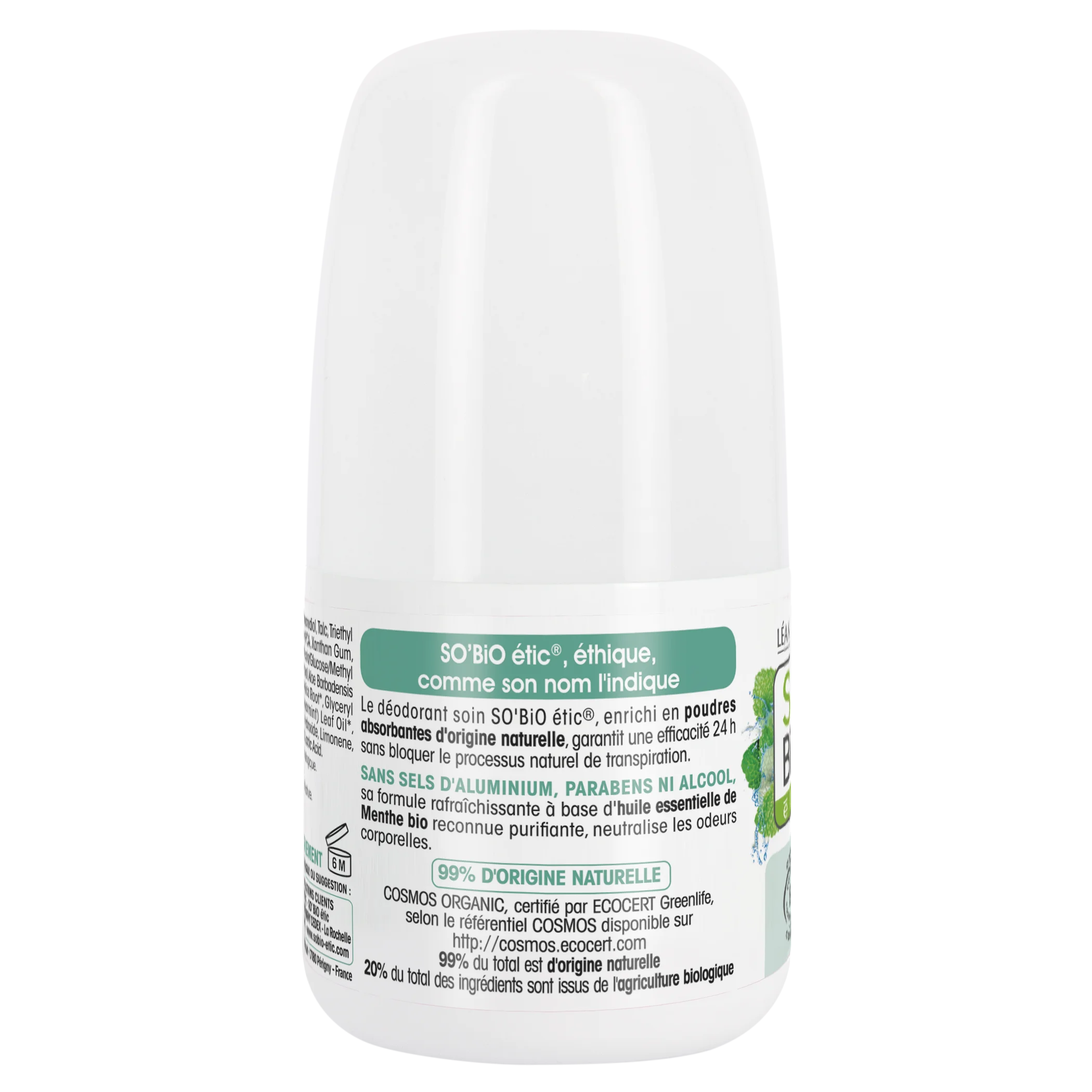 SO’BiO étic Dezodorant roll-on 24 h odświeżający z miętą BIO (50 ml) - skuteczny aż do 24 godzin