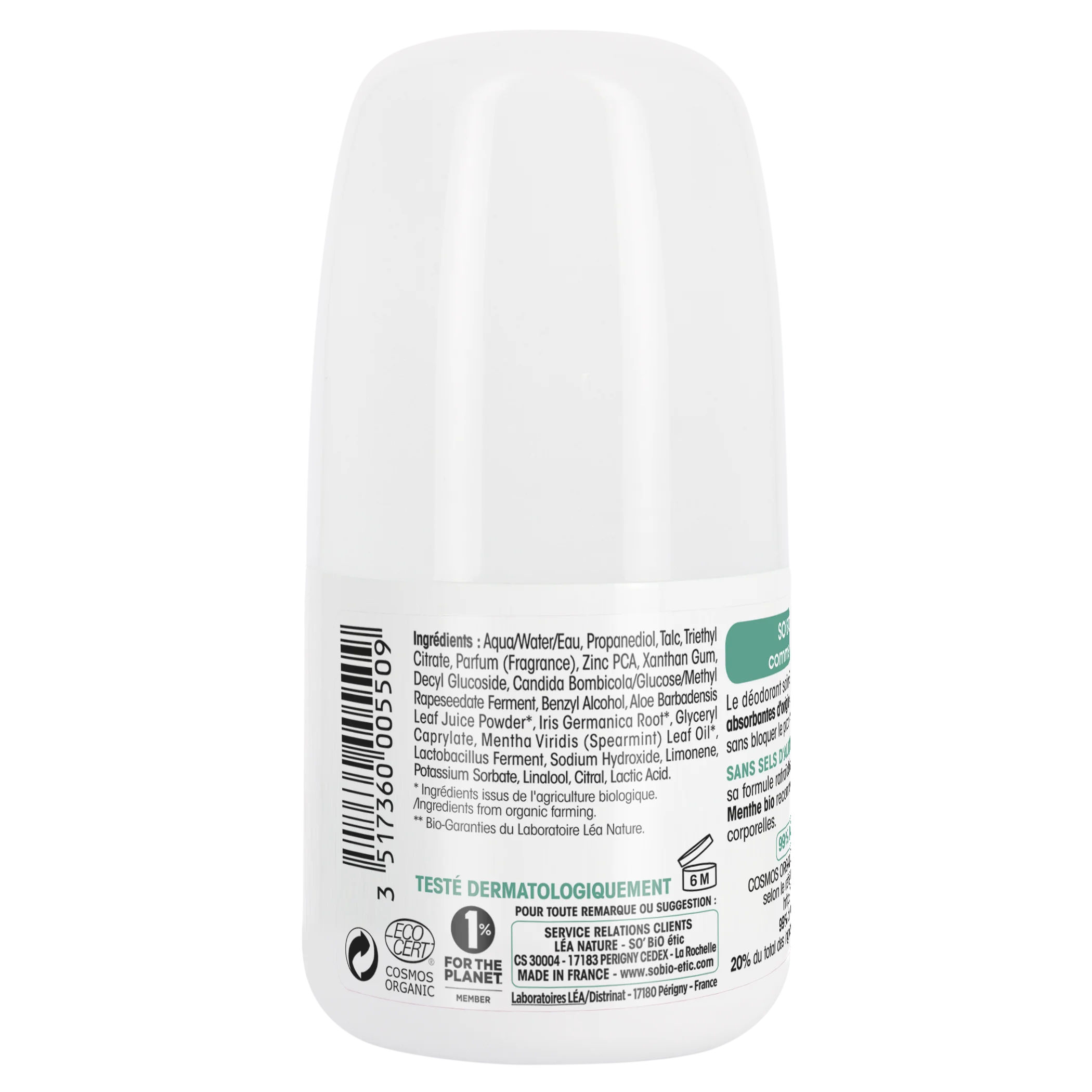 SO’BiO étic Dezodorant roll-on 24 h odświeżający z miętą BIO (50 ml) - skuteczny aż do 24 godzin