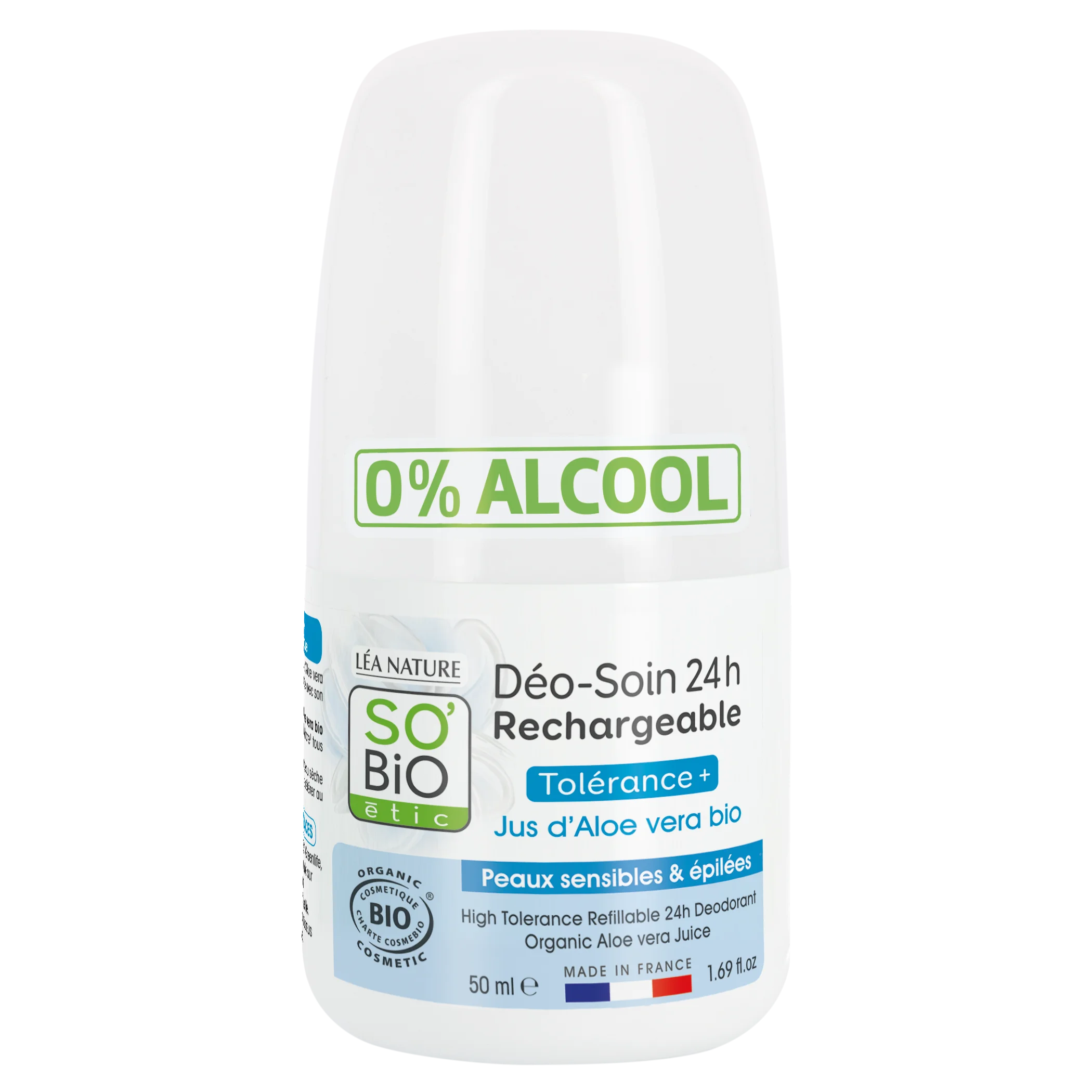 SO’BiO étic Dezodorant roll-on 24h - Tolerance+ z Aloe vera BIO (50 ml) - skuteczny aż do 24 godzin