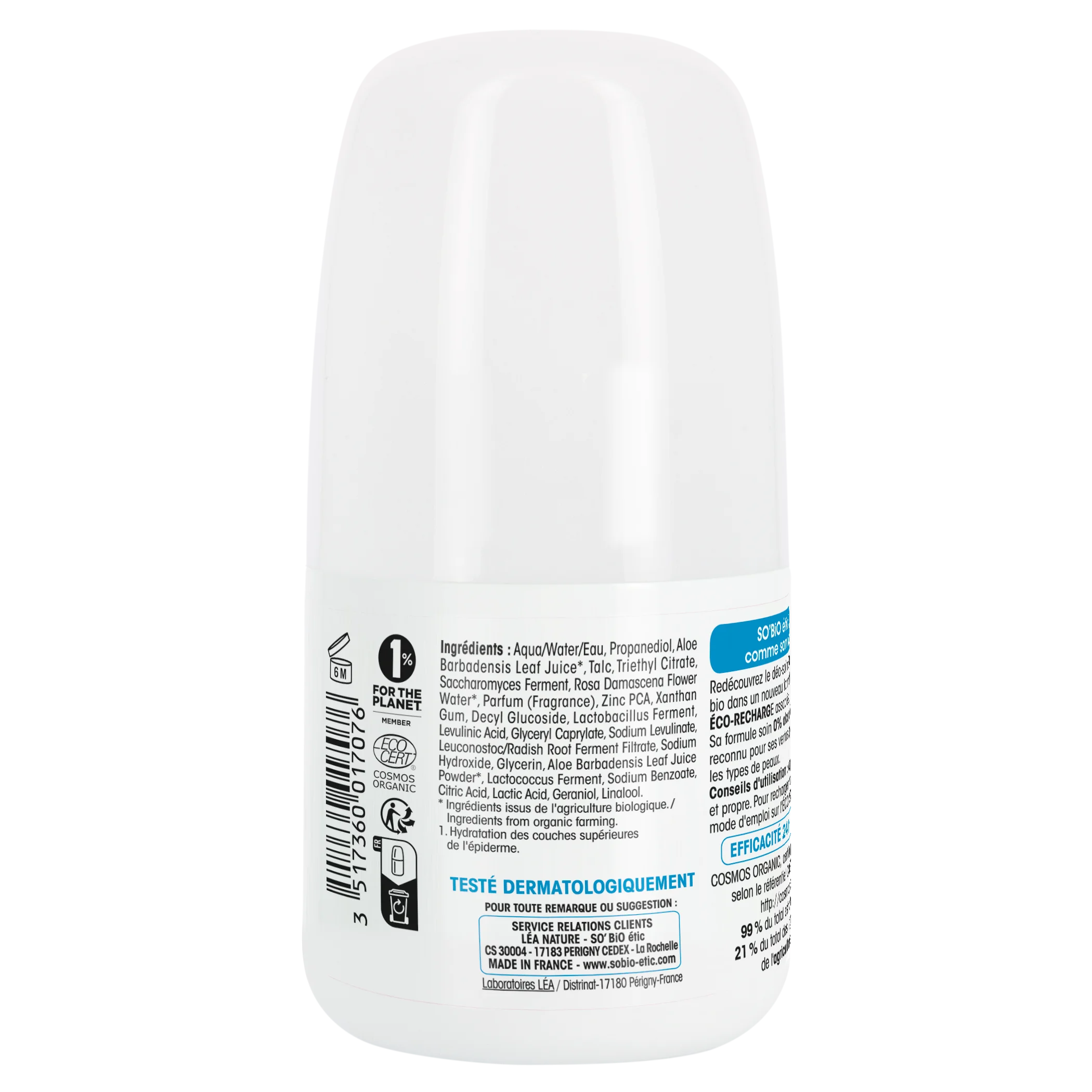 SO’BiO étic Dezodorant roll-on 24h - Tolerance+ z Aloe vera BIO (50 ml) - skuteczny aż do 24 godzin