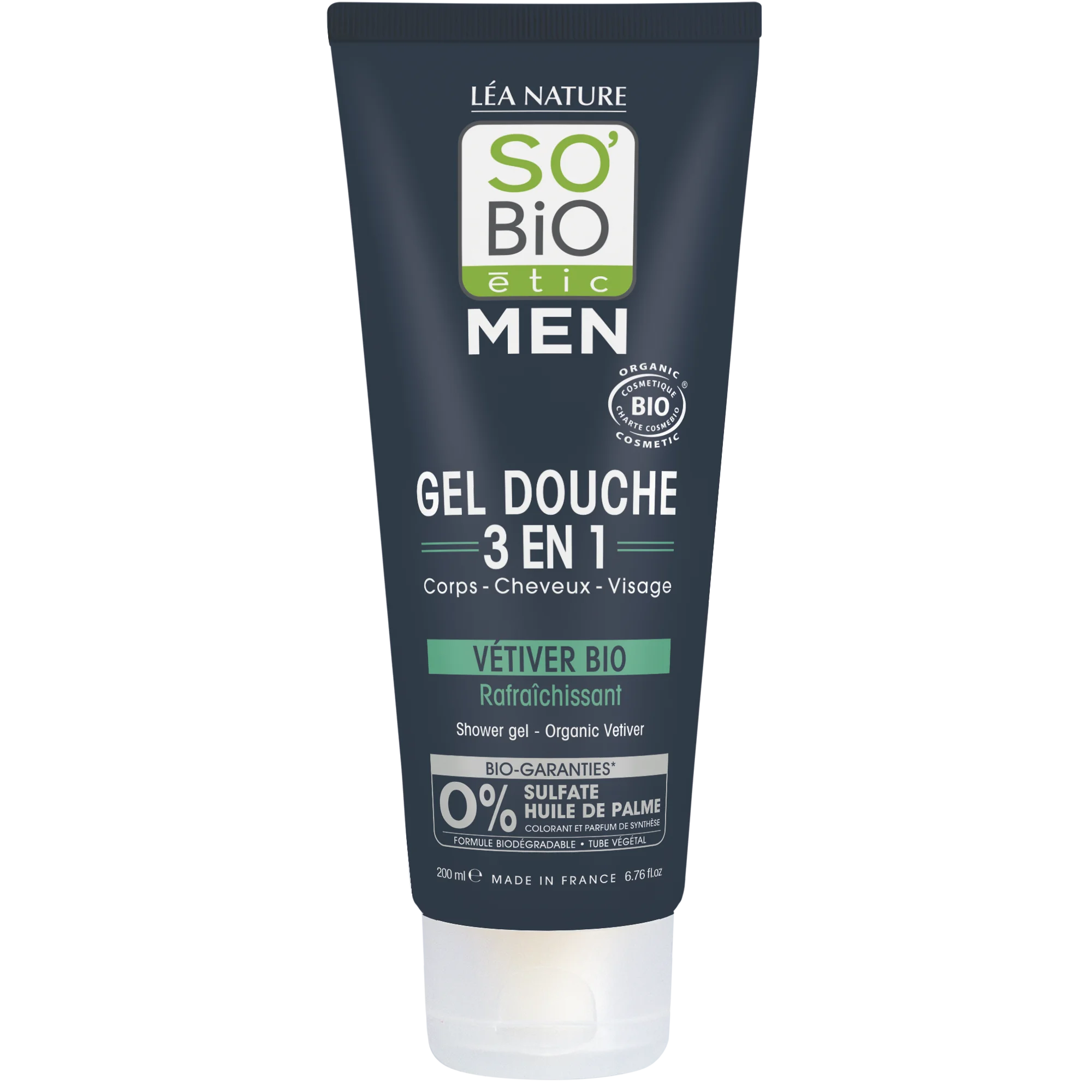SO’BiO étic Żel pod prysznic MEN 3w1 – odświeżający wetiwer BIO (200 ml) – do ciała, twarzy i włosów