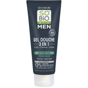 SO’BiO étic Żel pod prysznic MEN 3w1 – odświeżający wetiwer BIO (200 ml) – do ciała, twarzy i włosów