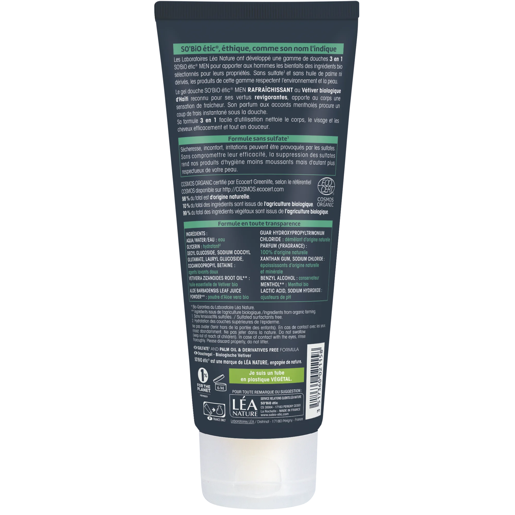 SO’BiO étic Żel pod prysznic MEN 3w1 – odświeżający wetiwer BIO (200 ml) – do ciała, twarzy i włosów