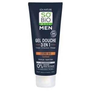 SO’BiO étic Żel pod prysznic MEN 3w1 – tonizujący cedr BIO (200 ml) – do ciała, twarzy i włosów