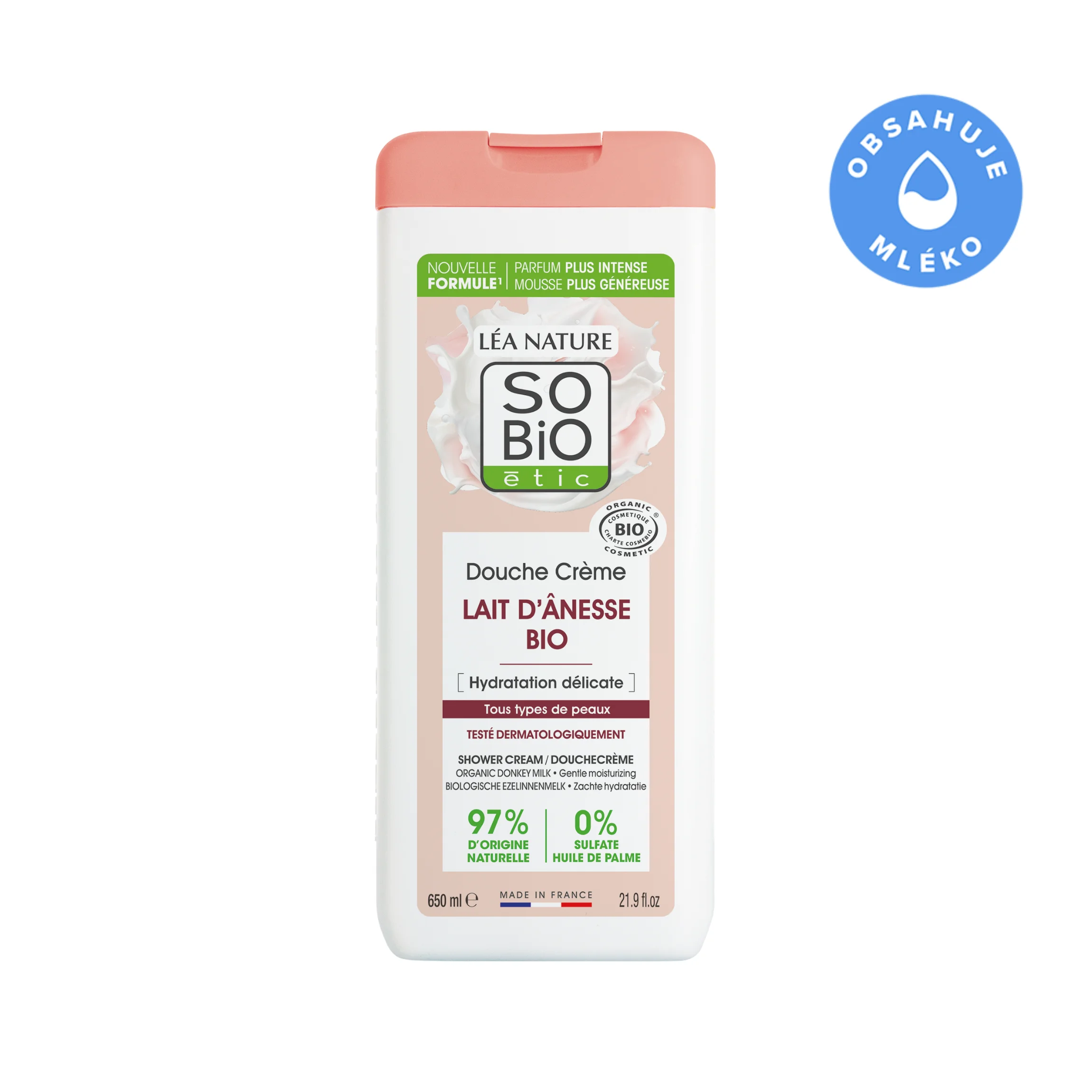 SO’BiO étic Kremowy żel pod prysznic delikatnie nawilżający z mlekiem oślim BIO (650 ml) - do wszystkich typów skóry