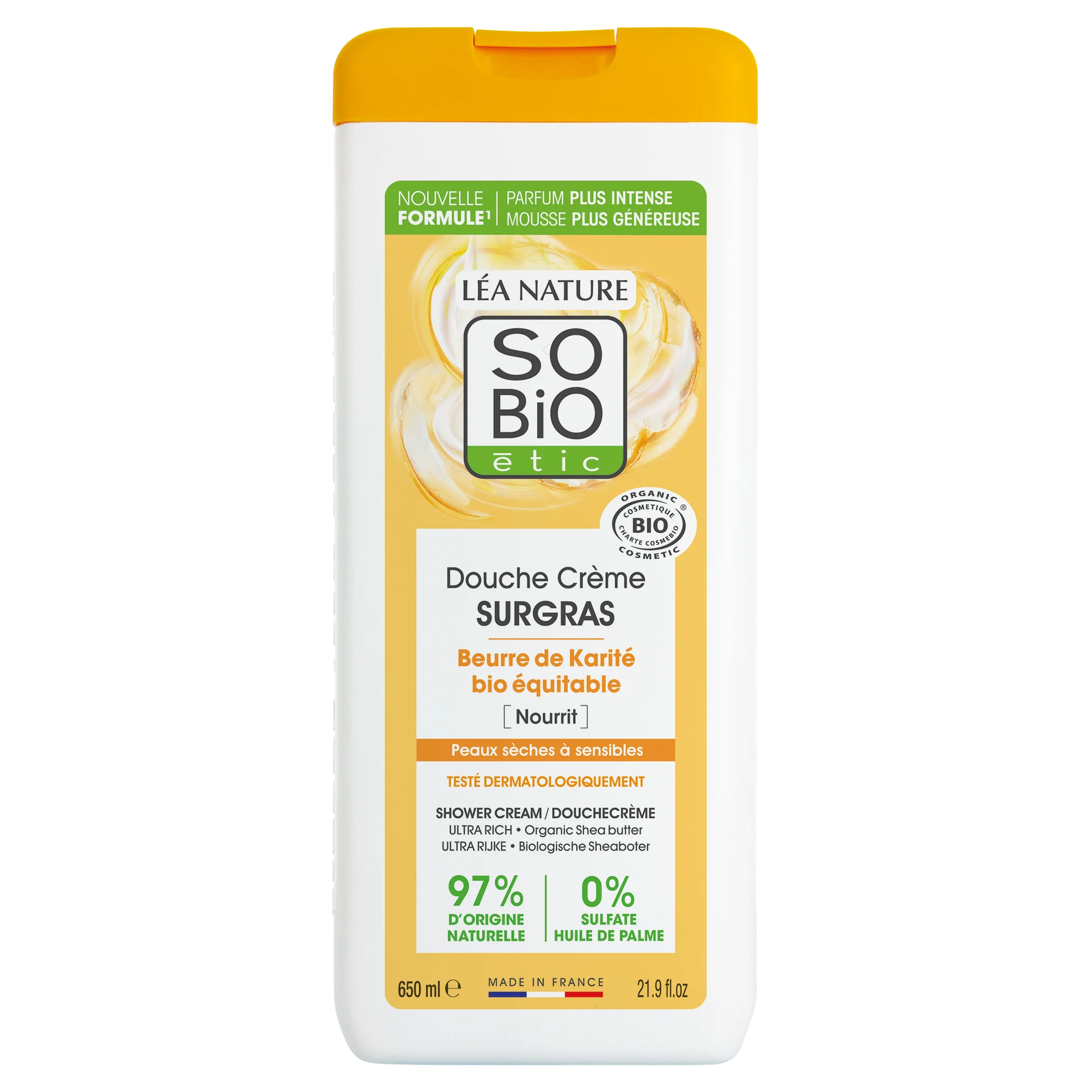SO’BiO étic Kremowy żel pod prysznic SURGRAS z masłem shea BIO (650 ml) - idealny do skóry suchej i wrażliwej