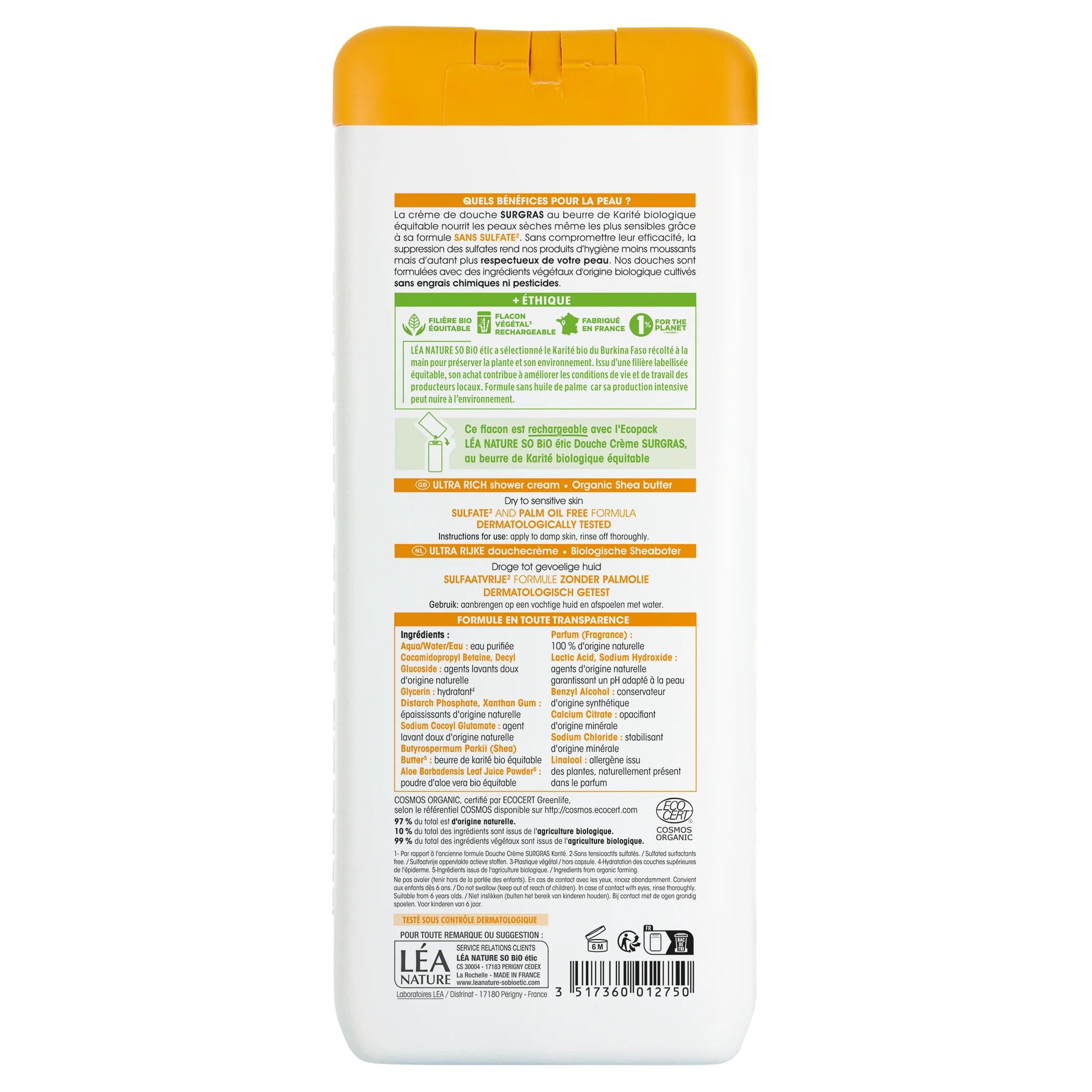 SO’BiO étic Kremowy żel pod prysznic SURGRAS z masłem shea BIO (650 ml) - idealny do skóry suchej i wrażliwej