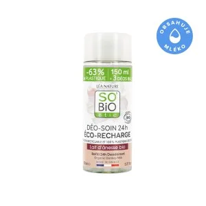 SO’BiO étic Wkład do 24-godzinnego nawilżającego dezodorantu roll-on z mlekiem oślim BIO (150 ml) - jeden wkład zastępuje trzy roll-ony