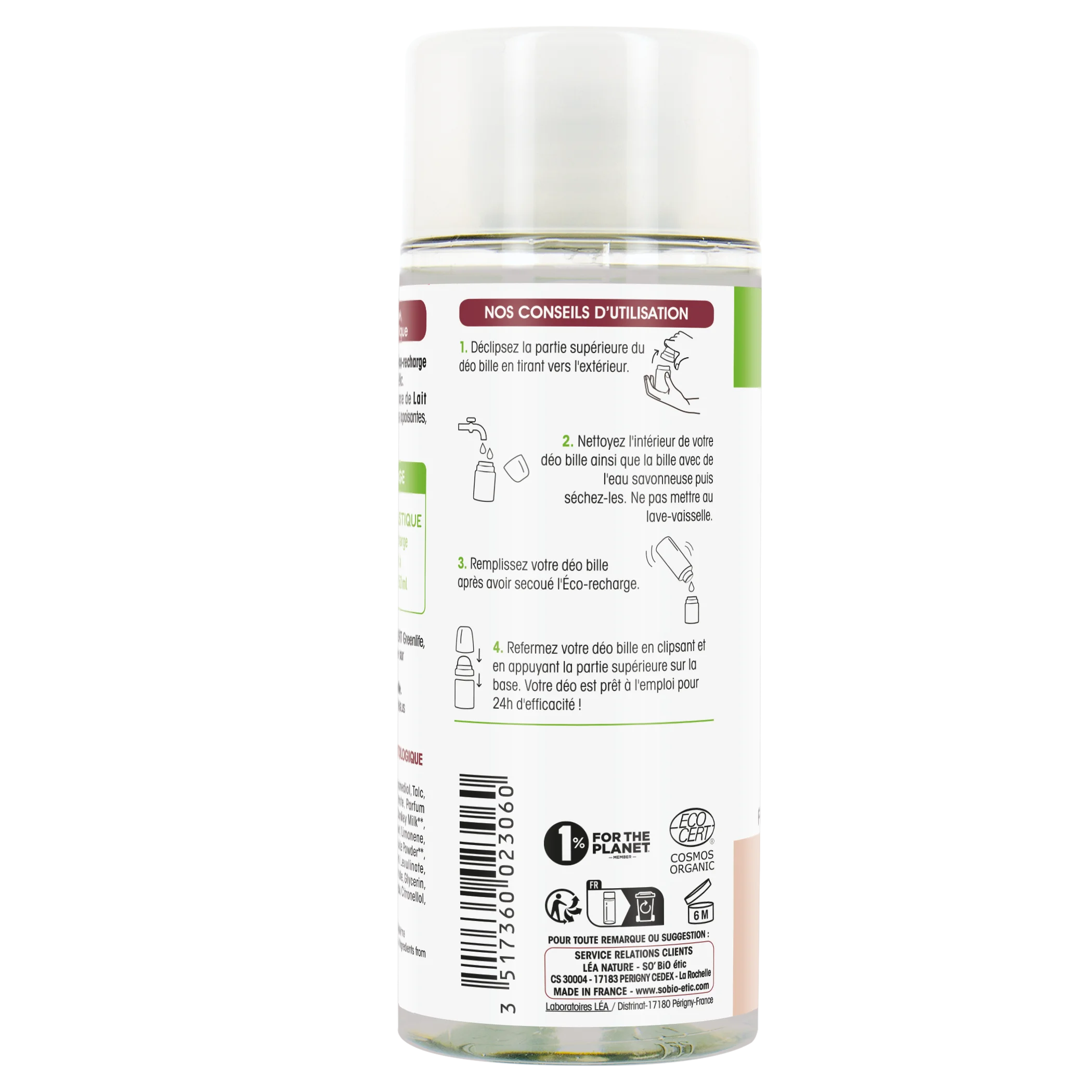 SO’BiO étic Wkład do 24-godzinnego nawilżającego dezodorantu roll-on z mlekiem oślim BIO (150 ml) - jeden wkład zastępuje trzy roll-ony