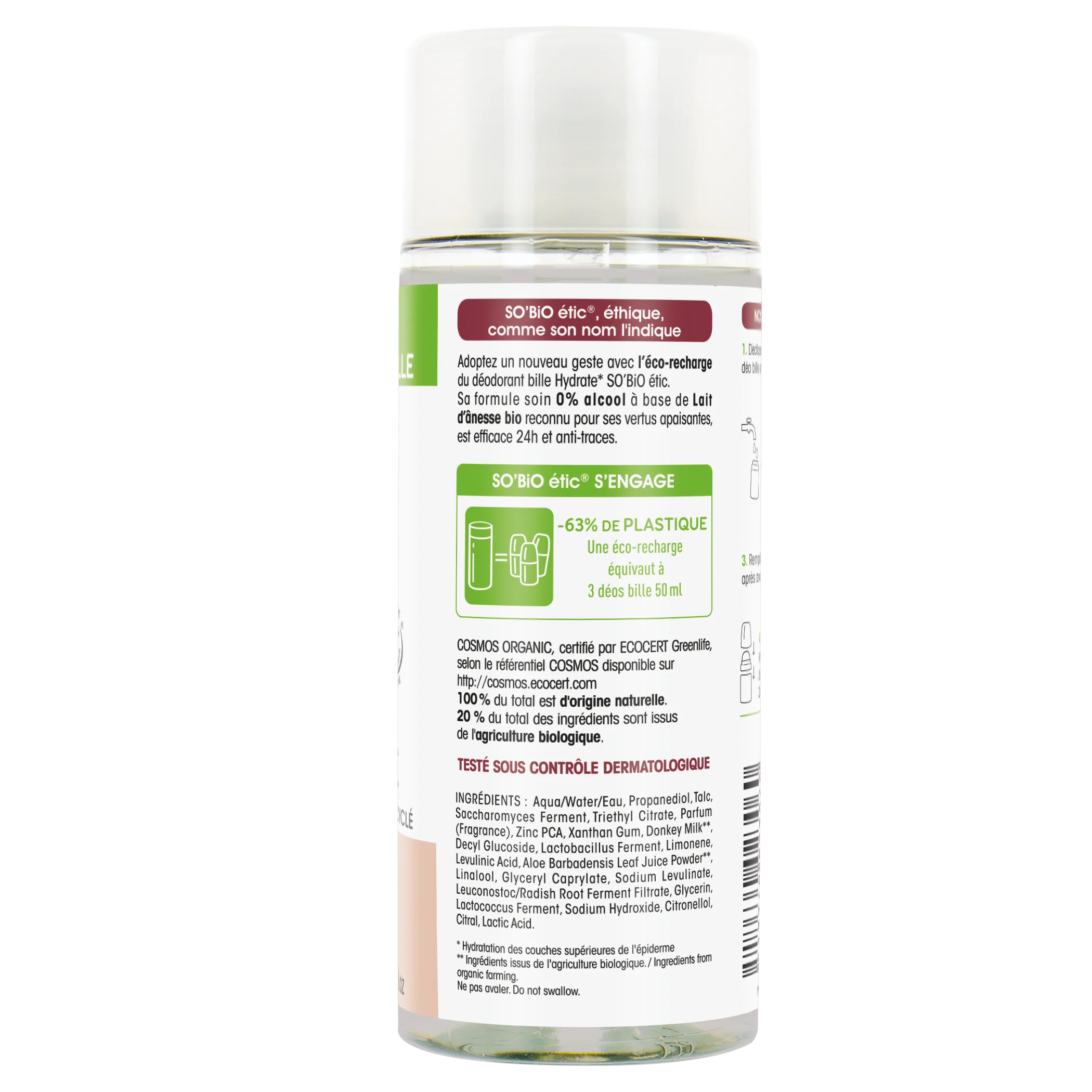 SO’BiO étic Wkład do 24-godzinnego nawilżającego dezodorantu roll-on z mlekiem oślim BIO (150 ml) - jeden wkład zastępuje trzy roll-ony