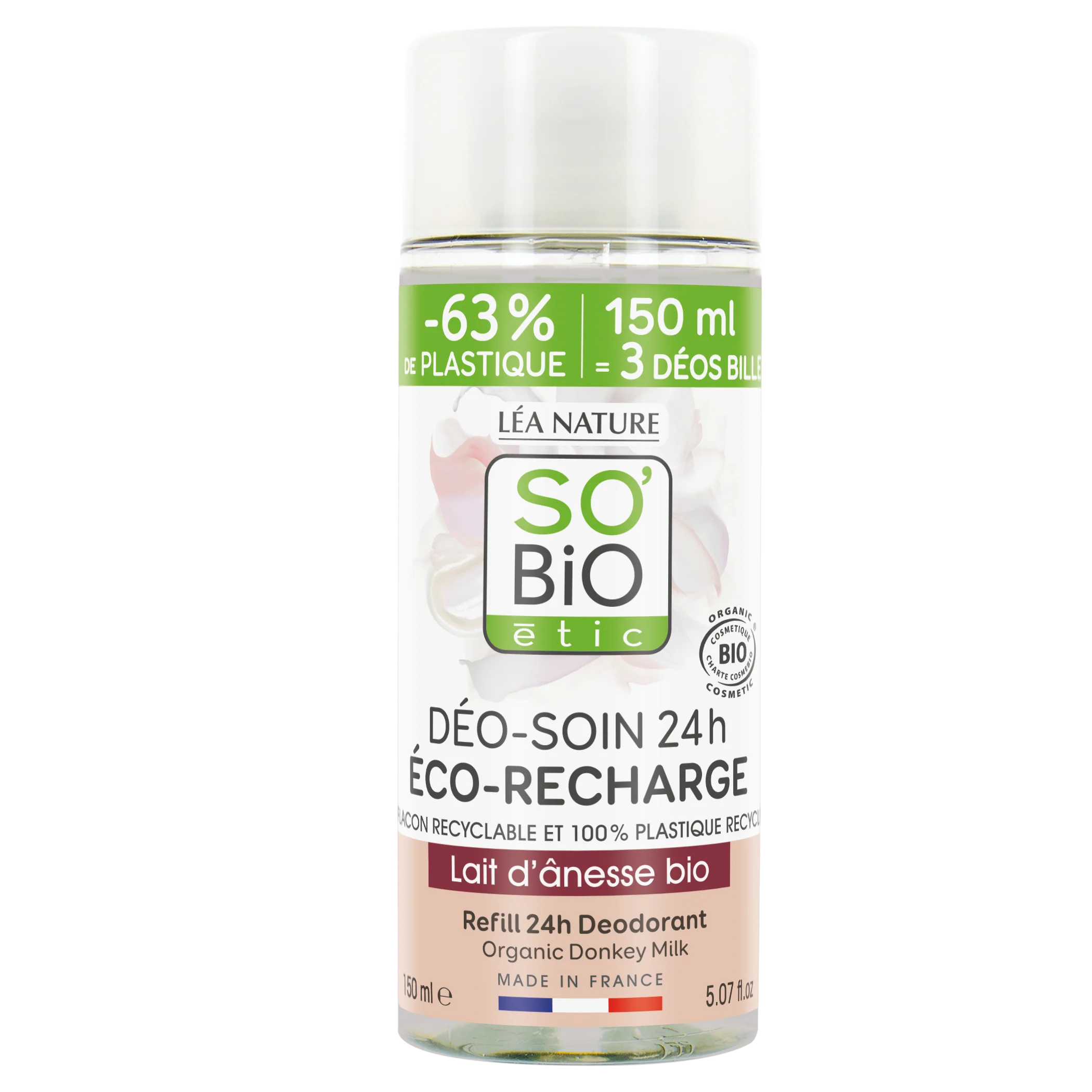 SO’BiO étic Wkład do 24-godzinnego nawilżającego dezodorantu roll-on z mlekiem oślim BIO (150 ml) - jeden wkład zastępuje trzy roll-ony