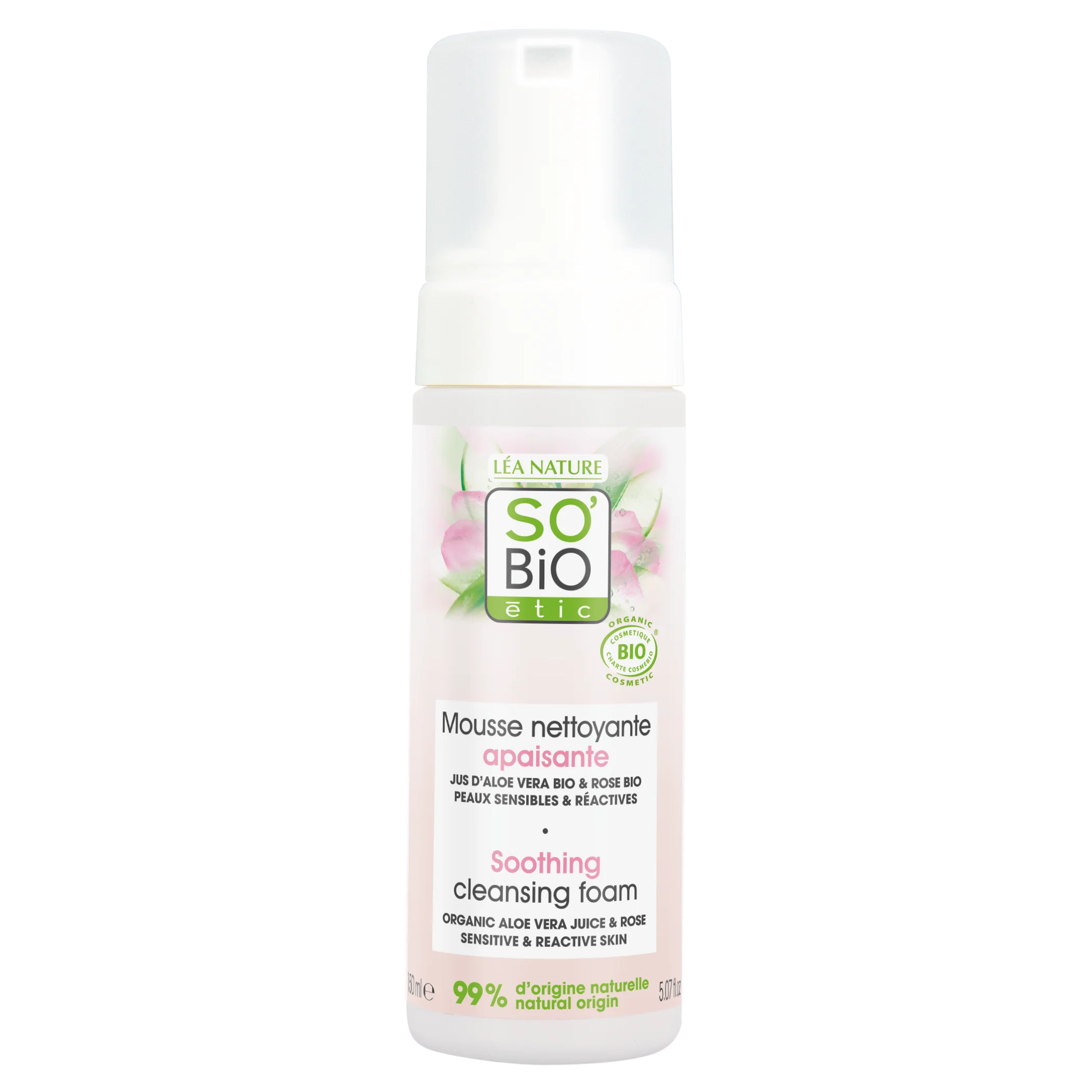 SO’BiO étic Pianka oczyszczająca łagodząca Aloe Vera BIO (150 ml) - wzbogacona wodą różaną