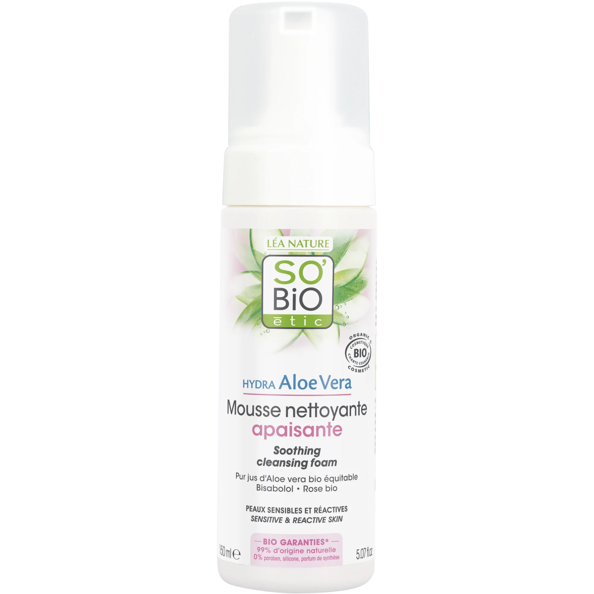 SO’BiO étic Pianka oczyszczająca łagodząca Aloe Vera BIO (150 ml) - wzbogacona wodą różaną