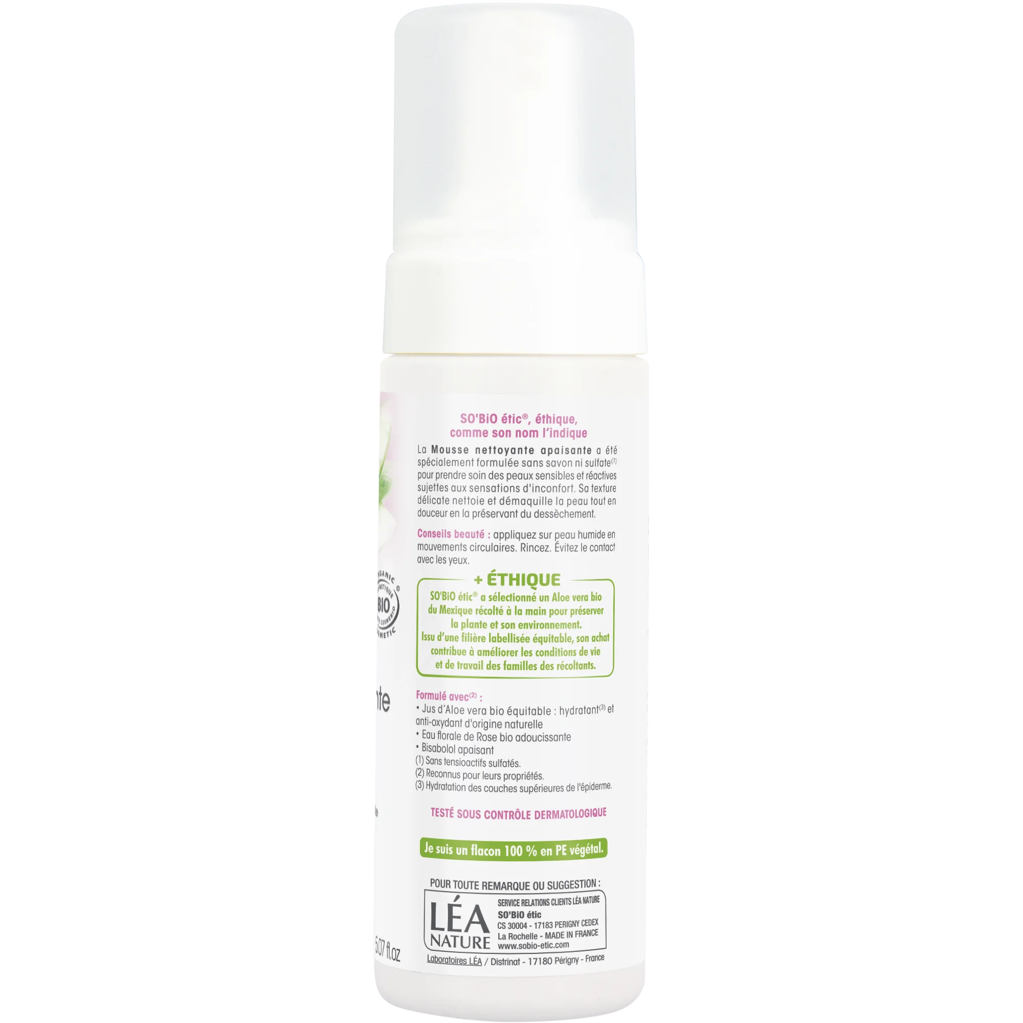 SO’BiO étic Pianka oczyszczająca łagodząca Aloe Vera BIO (150 ml) - wzbogacona wodą różaną