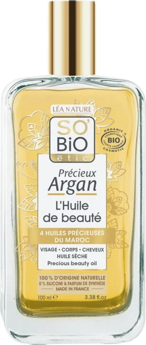SO’BiO étic Précieux Argan Pielęgnacyjny olejek do ciała, twarzy i włosów BIO (100 ml) - eliksir młodości i piękna