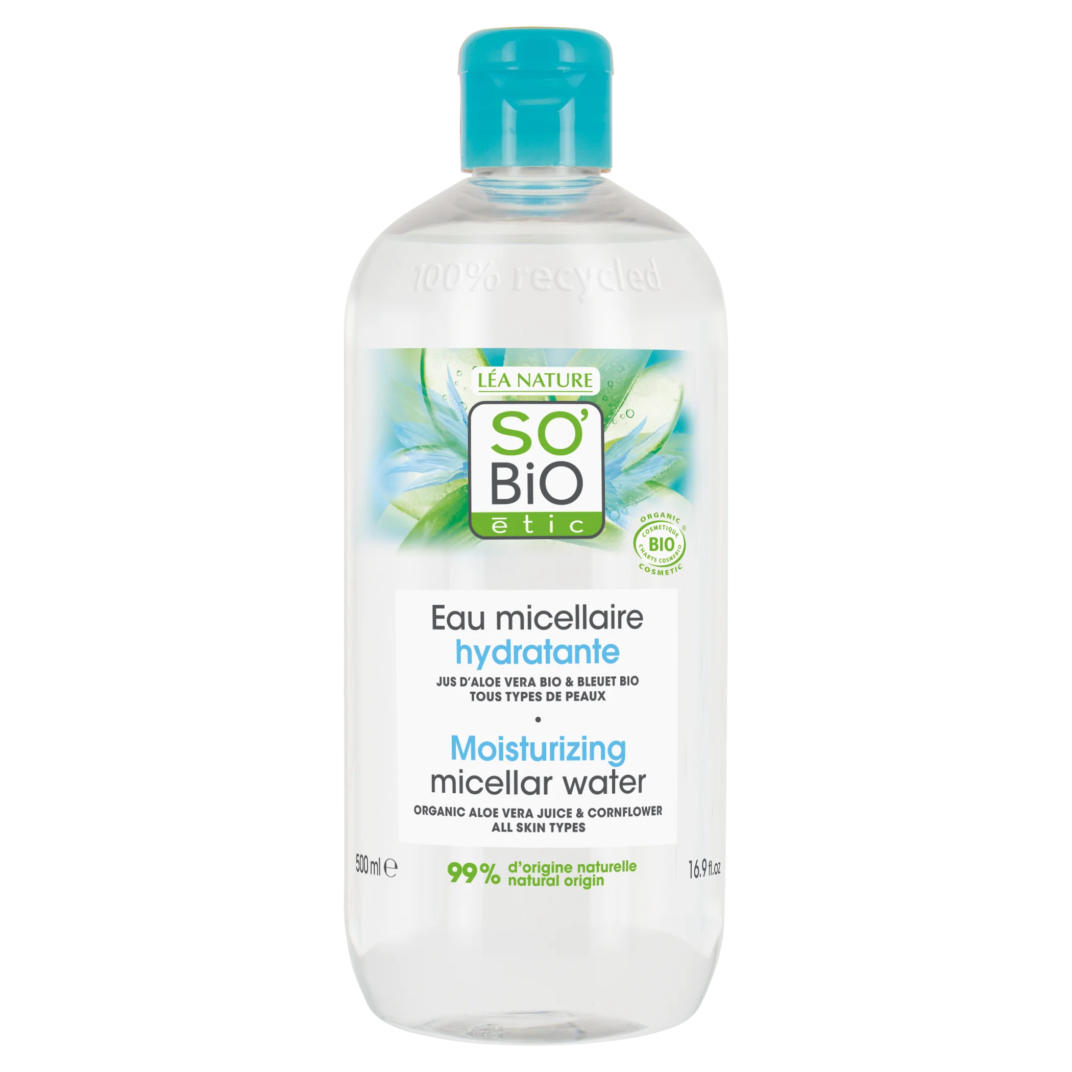 SO’BiO étic Woda micelarna nawilżająca z aloesem BIO (500 ml) - wzbogacona wodą chabrową