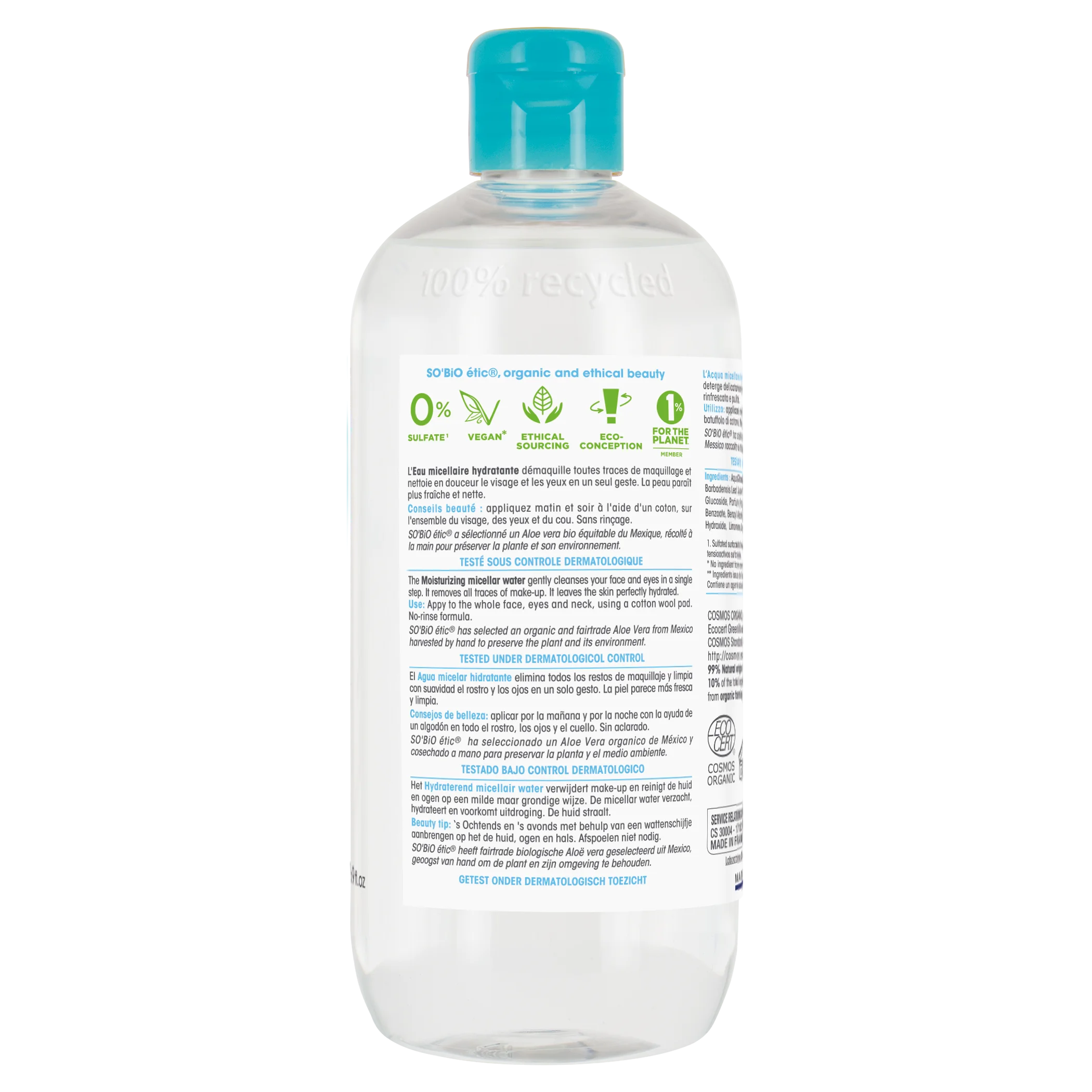 SO’BiO étic Woda micelarna nawilżająca z aloesem BIO (500 ml) - wzbogacona wodą chabrową
