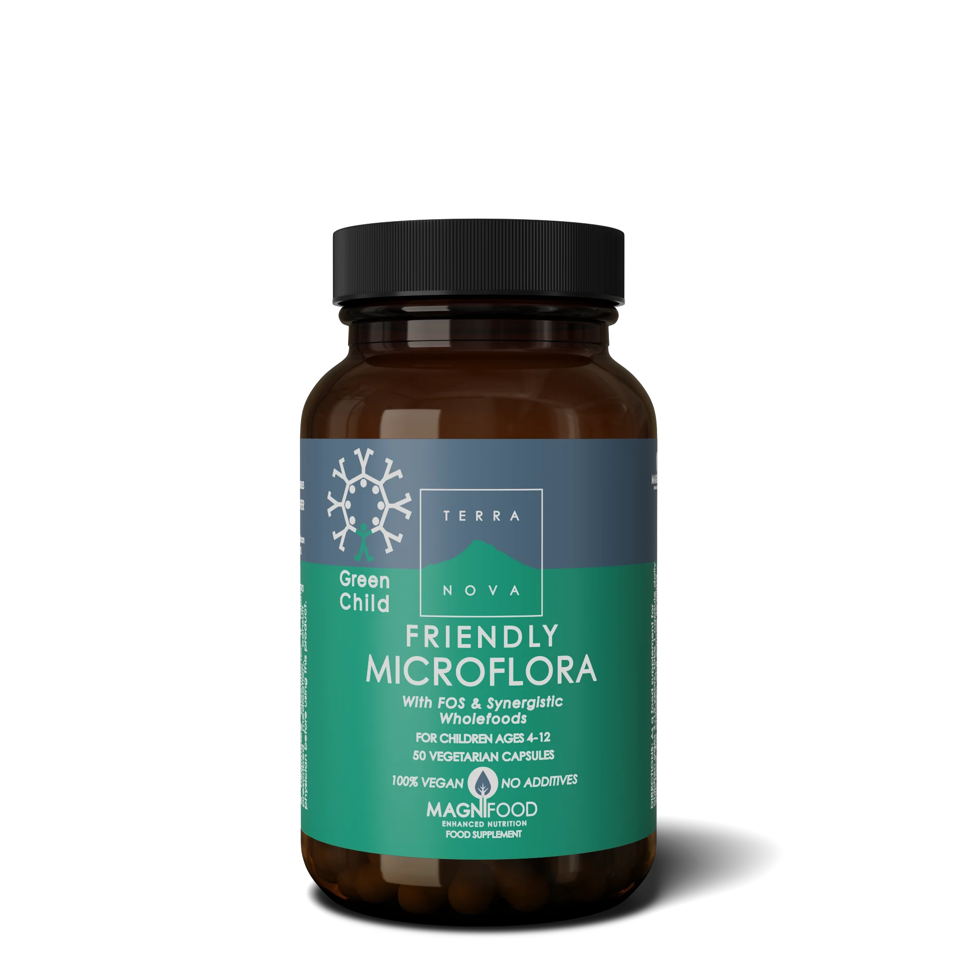 Terranova Health Green Child Friendly Microflora (50 kapsułek) - odpowiedni dla dzieci w wieku od 4 do 12 lat