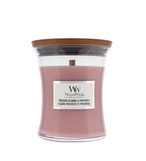 WoodWick Pressed Blooms & Patchouli świeca zapachowa z drewnianym knotem 275 g