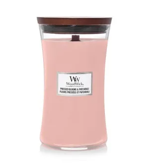 WoodWick Pressed Blooms & Patchouli świeca zapachowa z drewnianym knotem dla mężczyzn