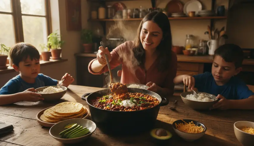 Bezmięsny chilli z fasoli w garnku, który nasyci całą rodzinę