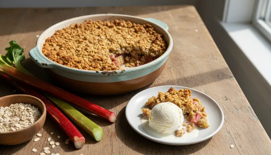 Rabarbarowy crumble z owsianą kruszonką nigdy nie zawiedzie